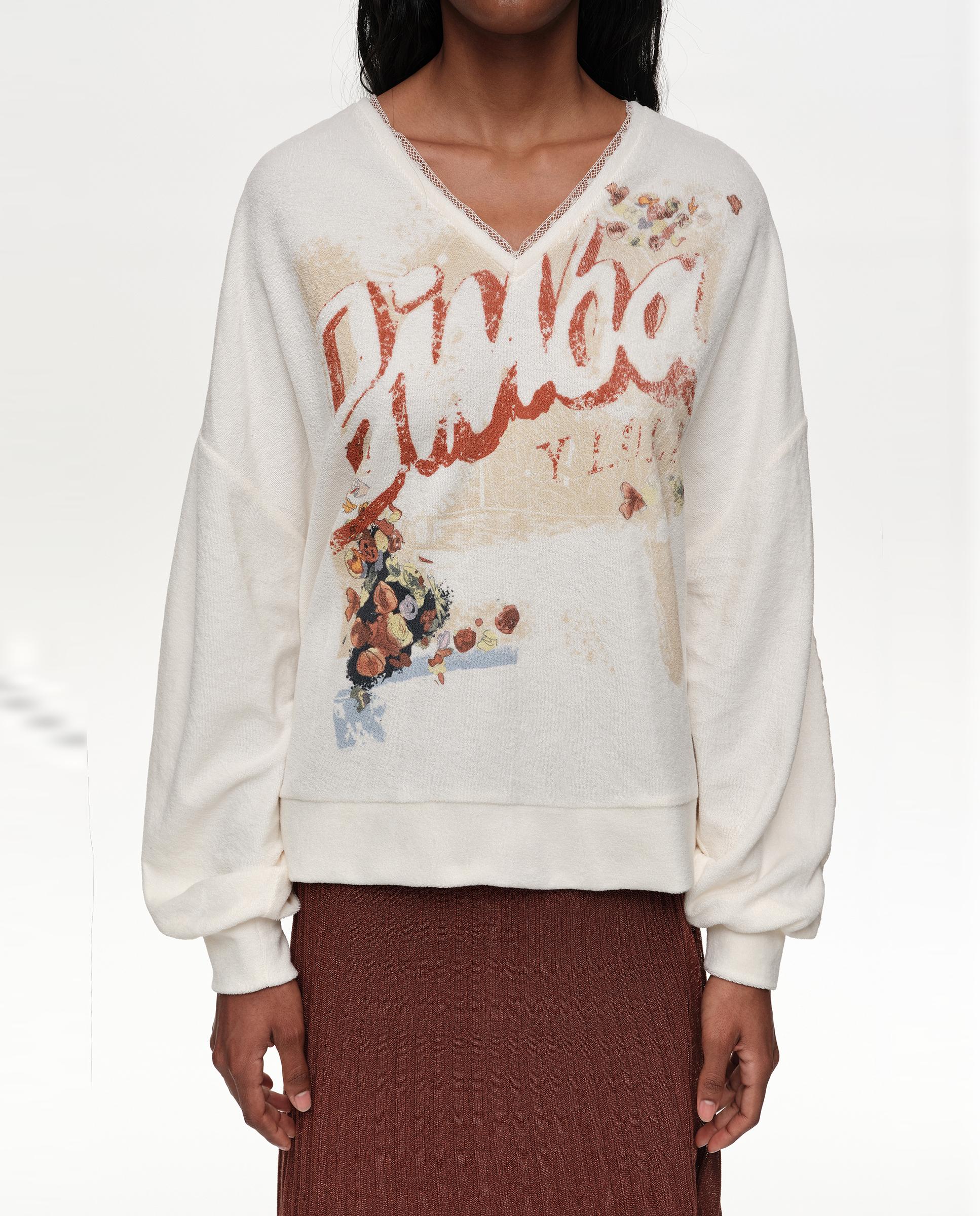 Sweatshirt com Decote em V Branco-2