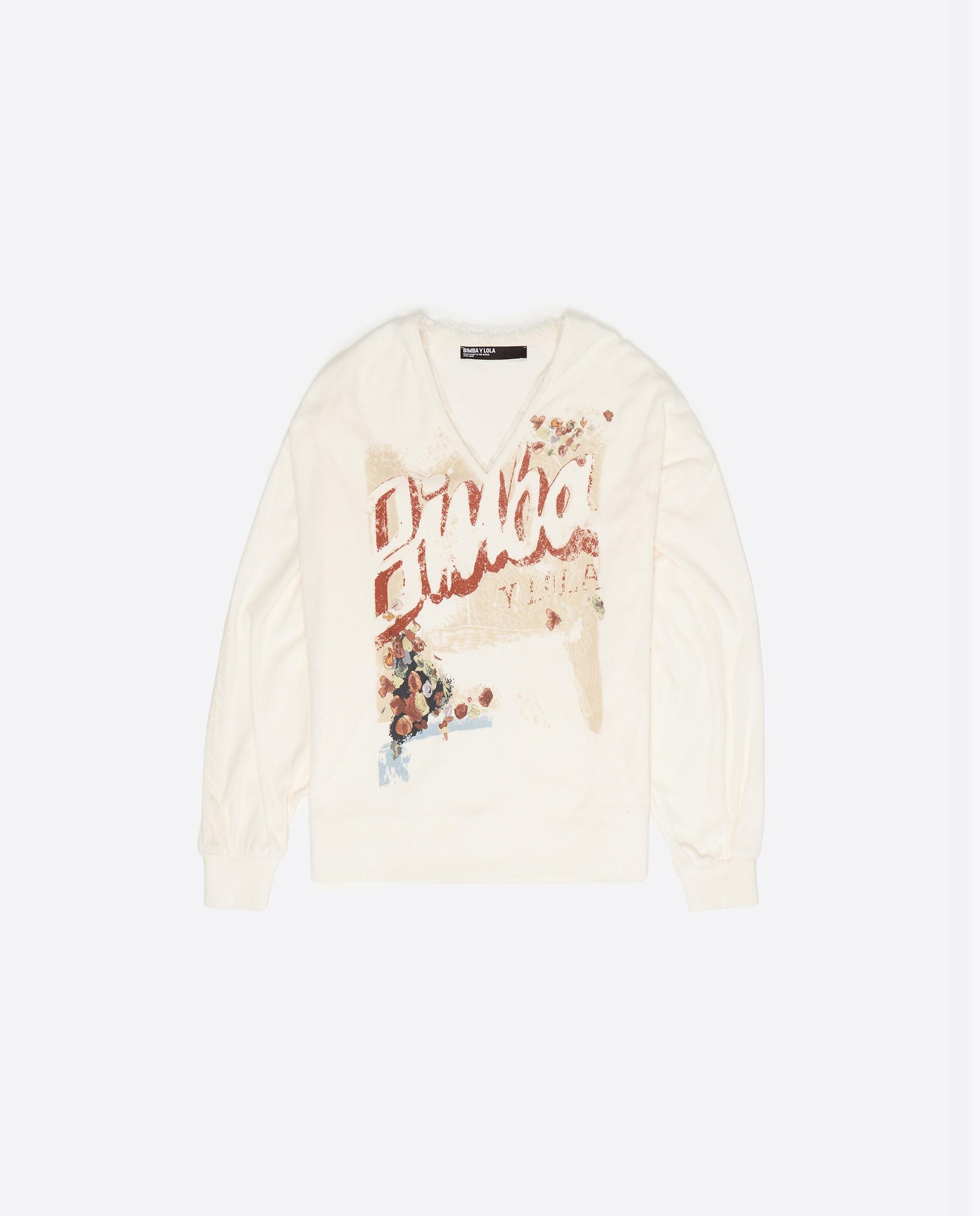 Sweatshirt com Decote em V Branco-5