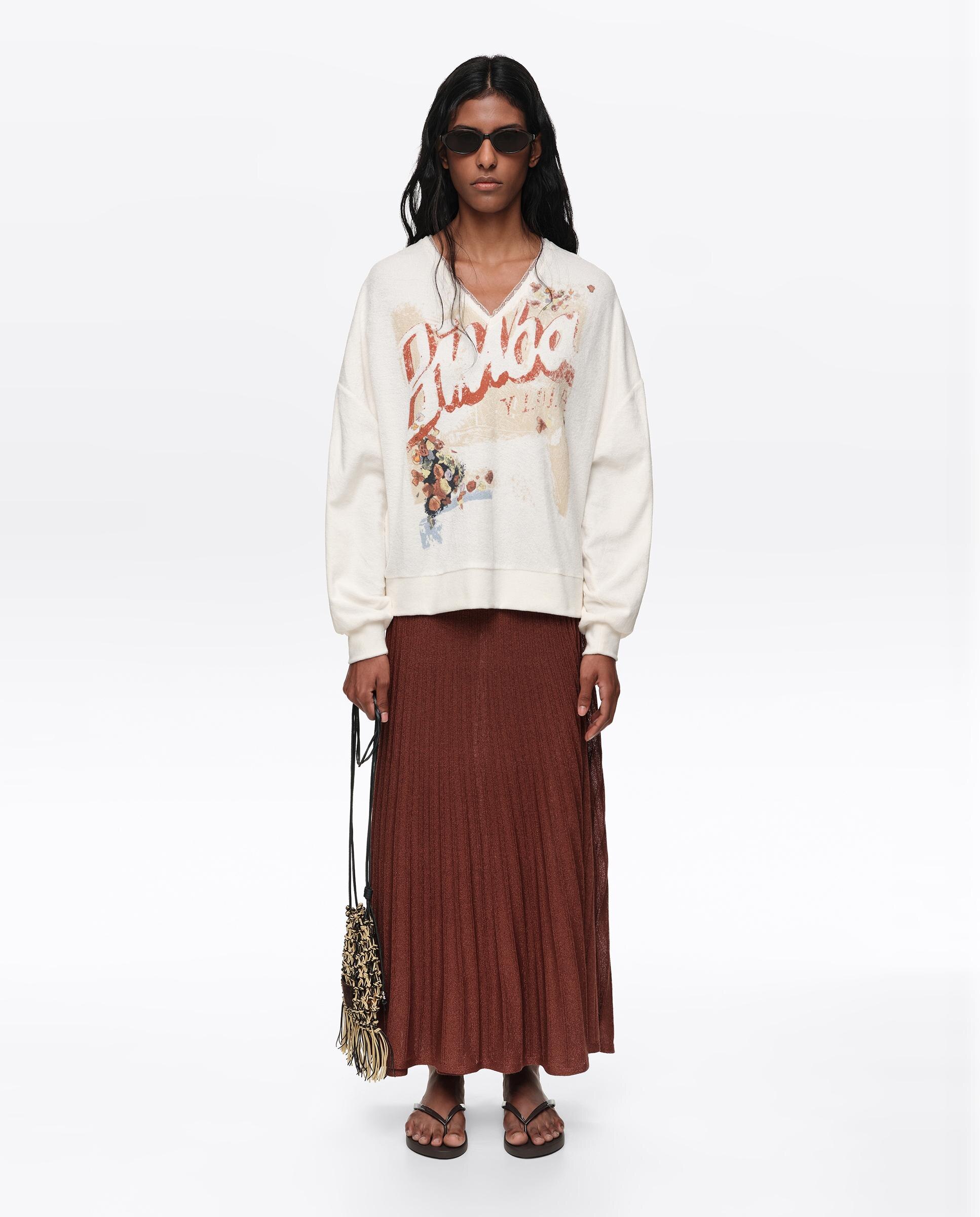 Sweatshirt com Decote em V Branco-6