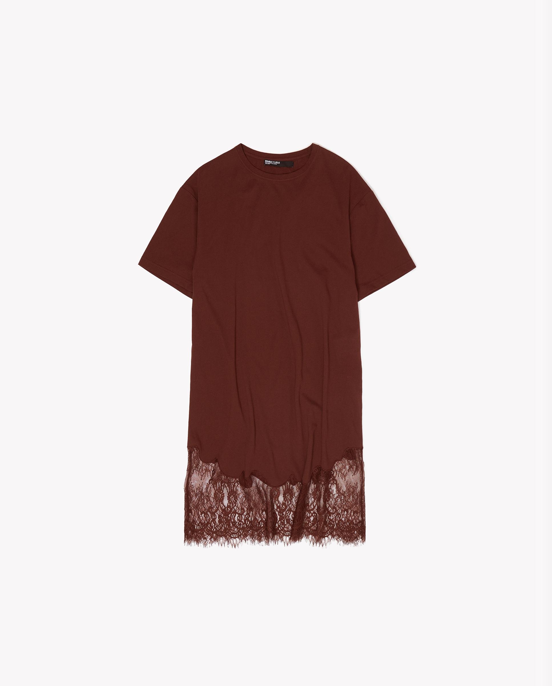 Vestido T-shirt Curto com Renda Castanho-5