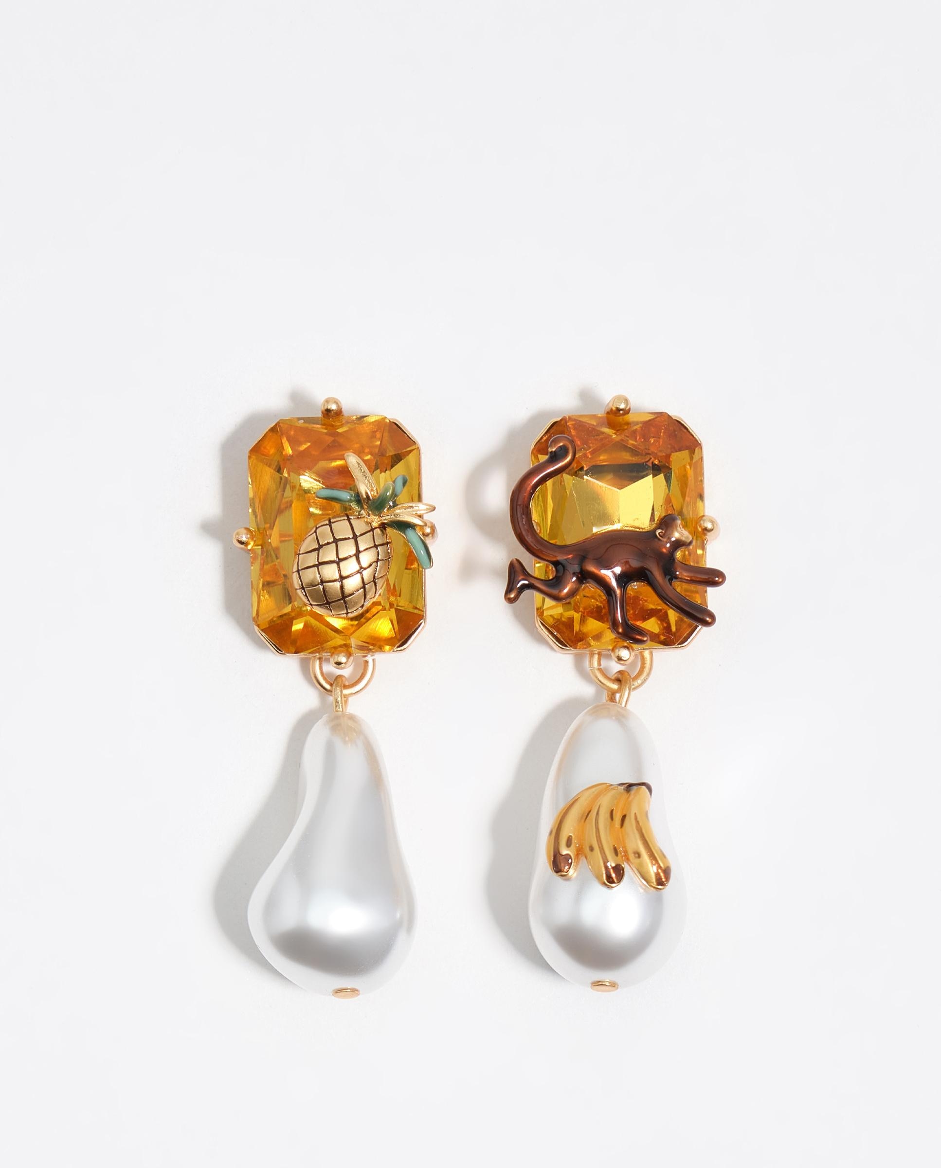 Brincos Cristal Topázio e Pérola com Macaco, Ananás e Bananas Amarelo-1