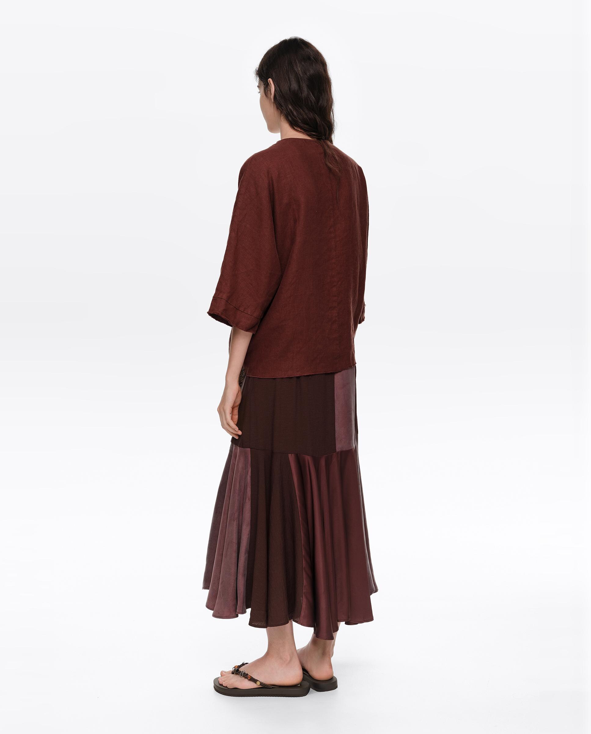 Saia Patchwork Midi Fluida Castanho-5