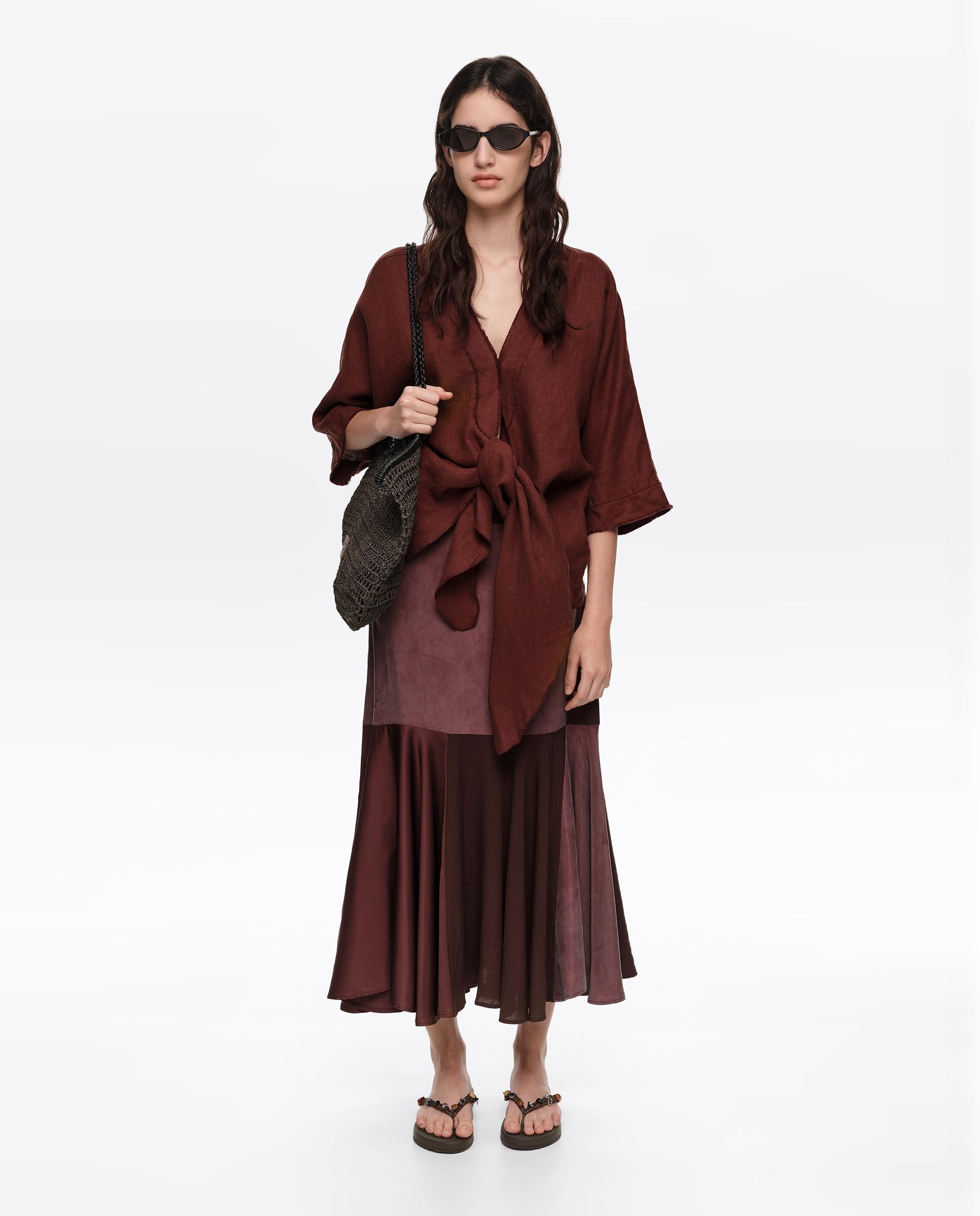 Saia Patchwork Midi Fluida Castanho-7