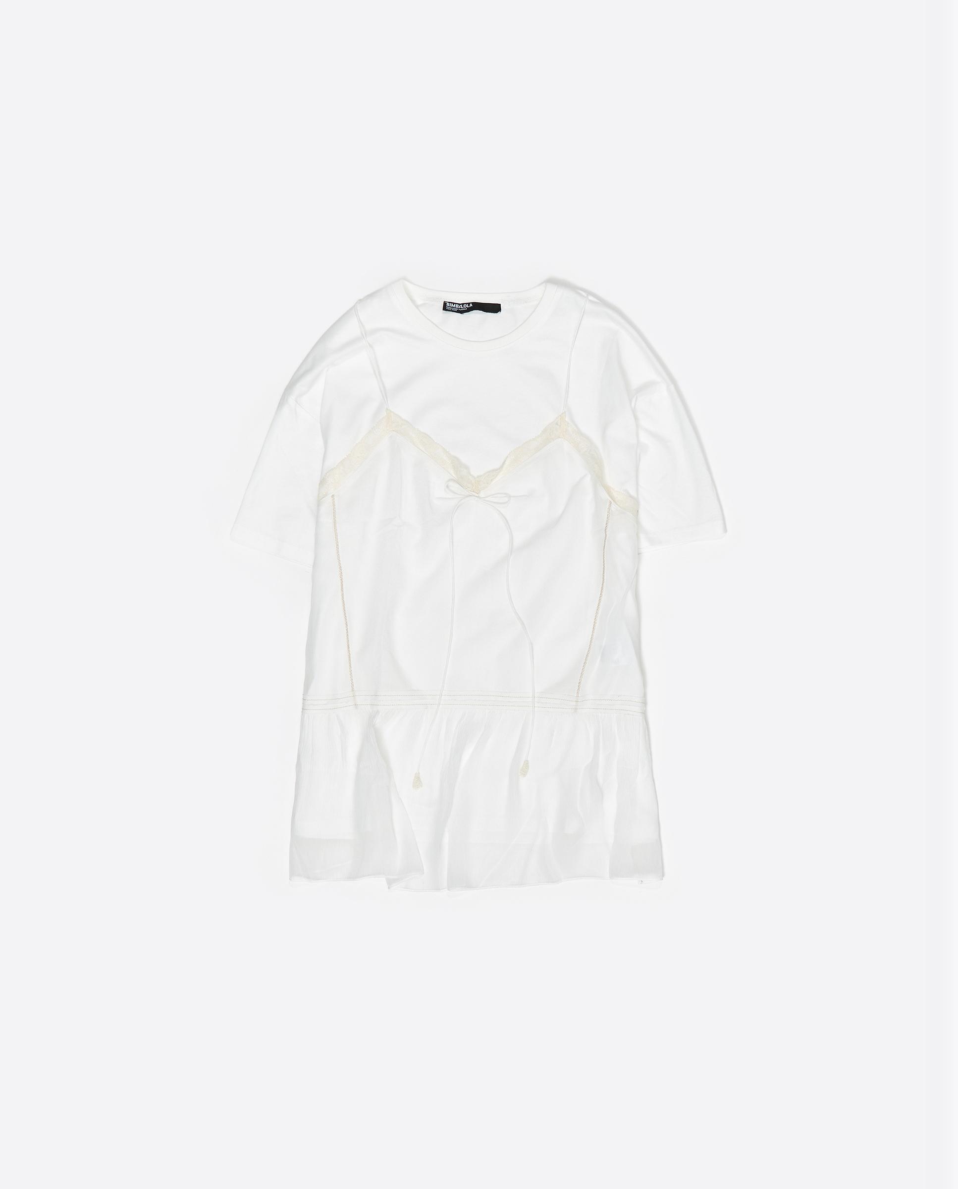T-shirt com Top Sobreposto Fluído Marfim-5