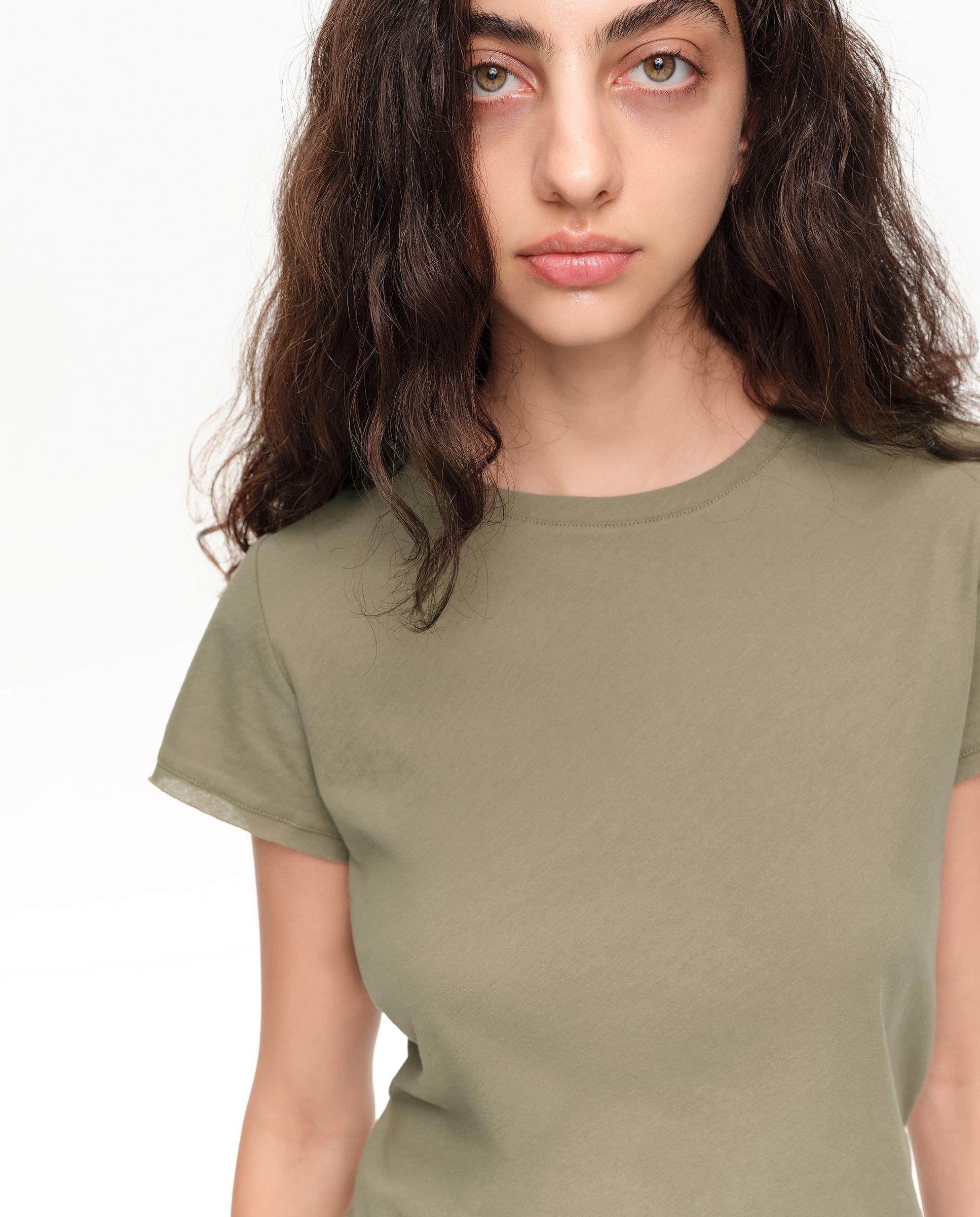 T-shirt com Corte a Direito em Algodão Caqui-2