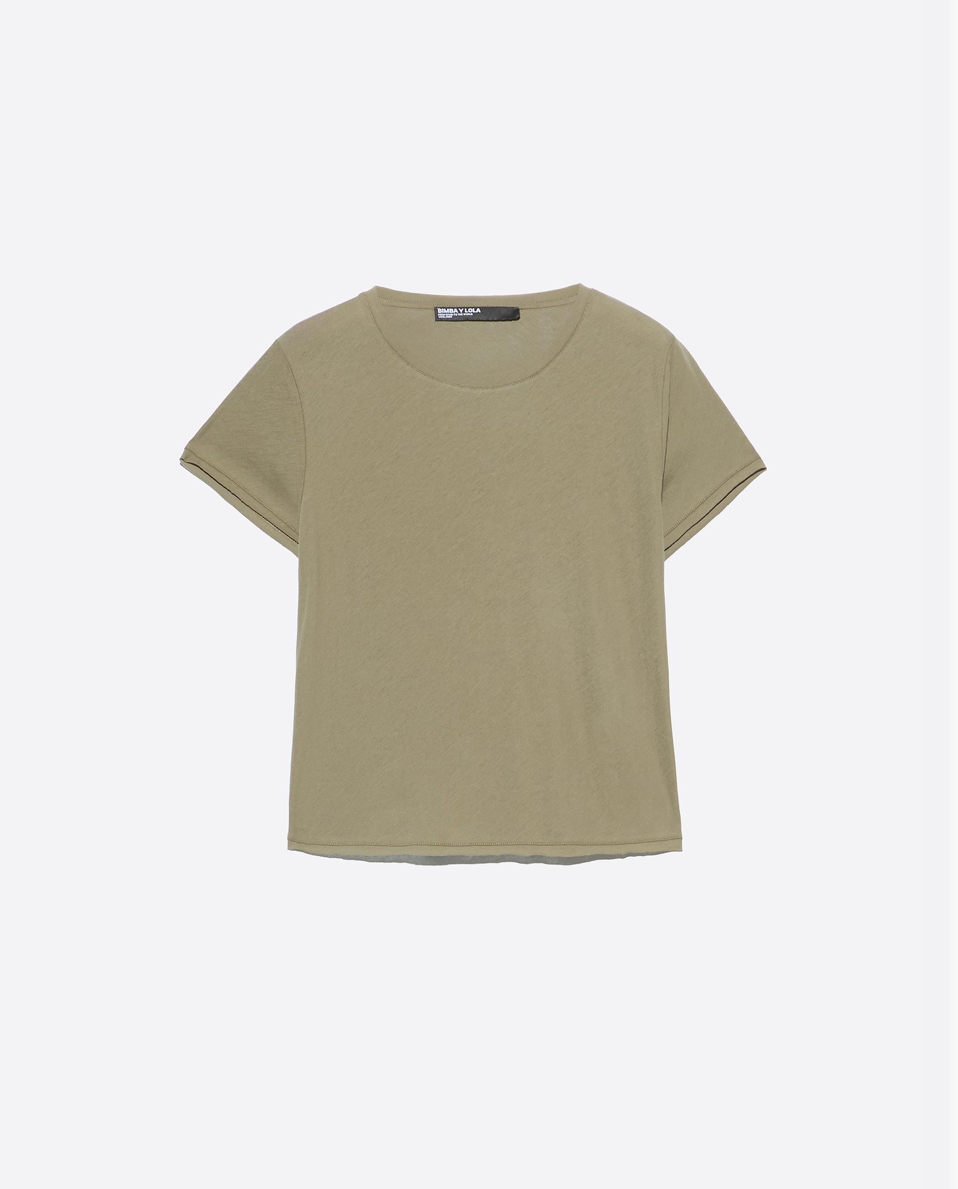 T-shirt com Corte a Direito em Algodão Caqui-5