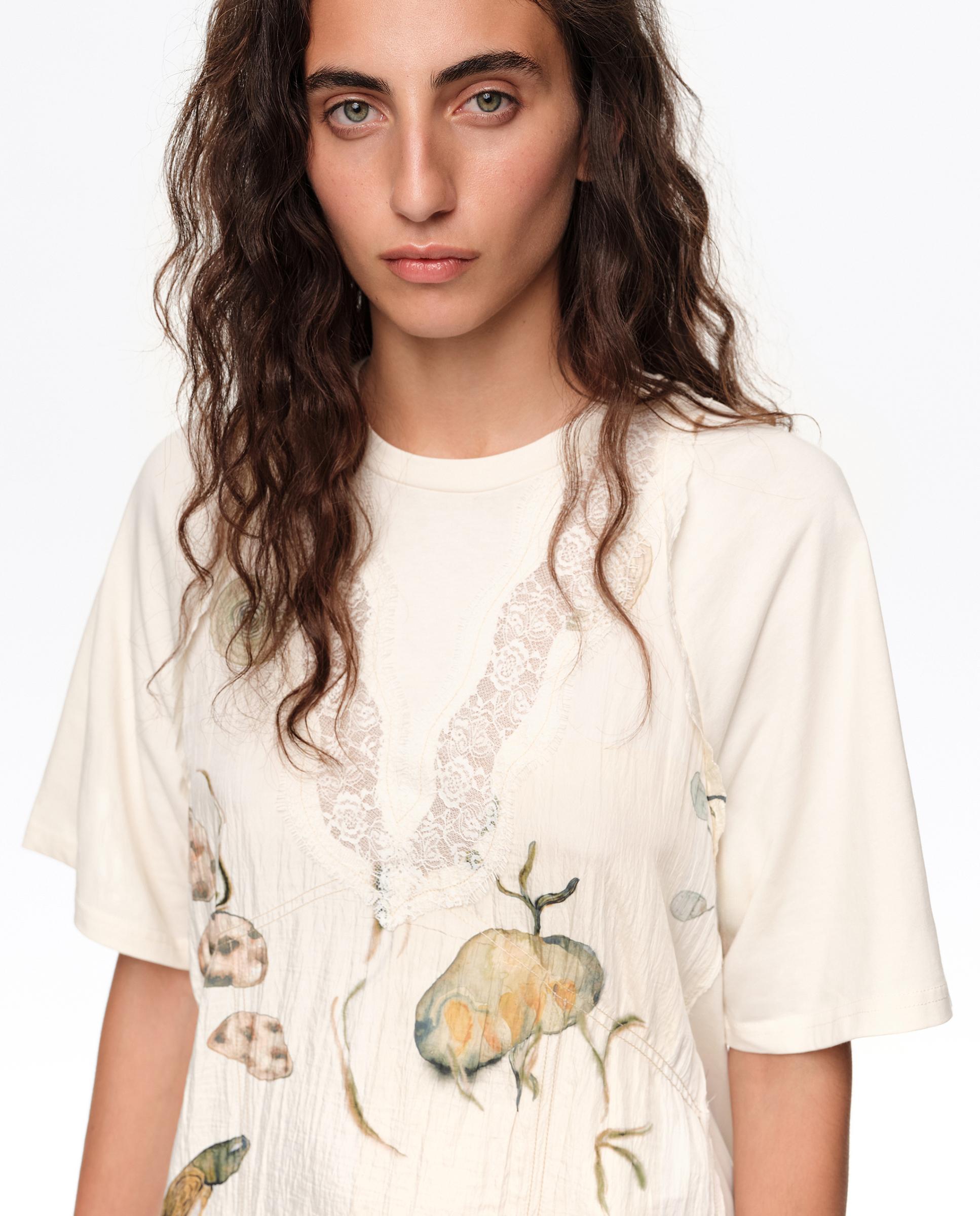 Vestido com Peitilho Estampado com Rendas Marfim-2