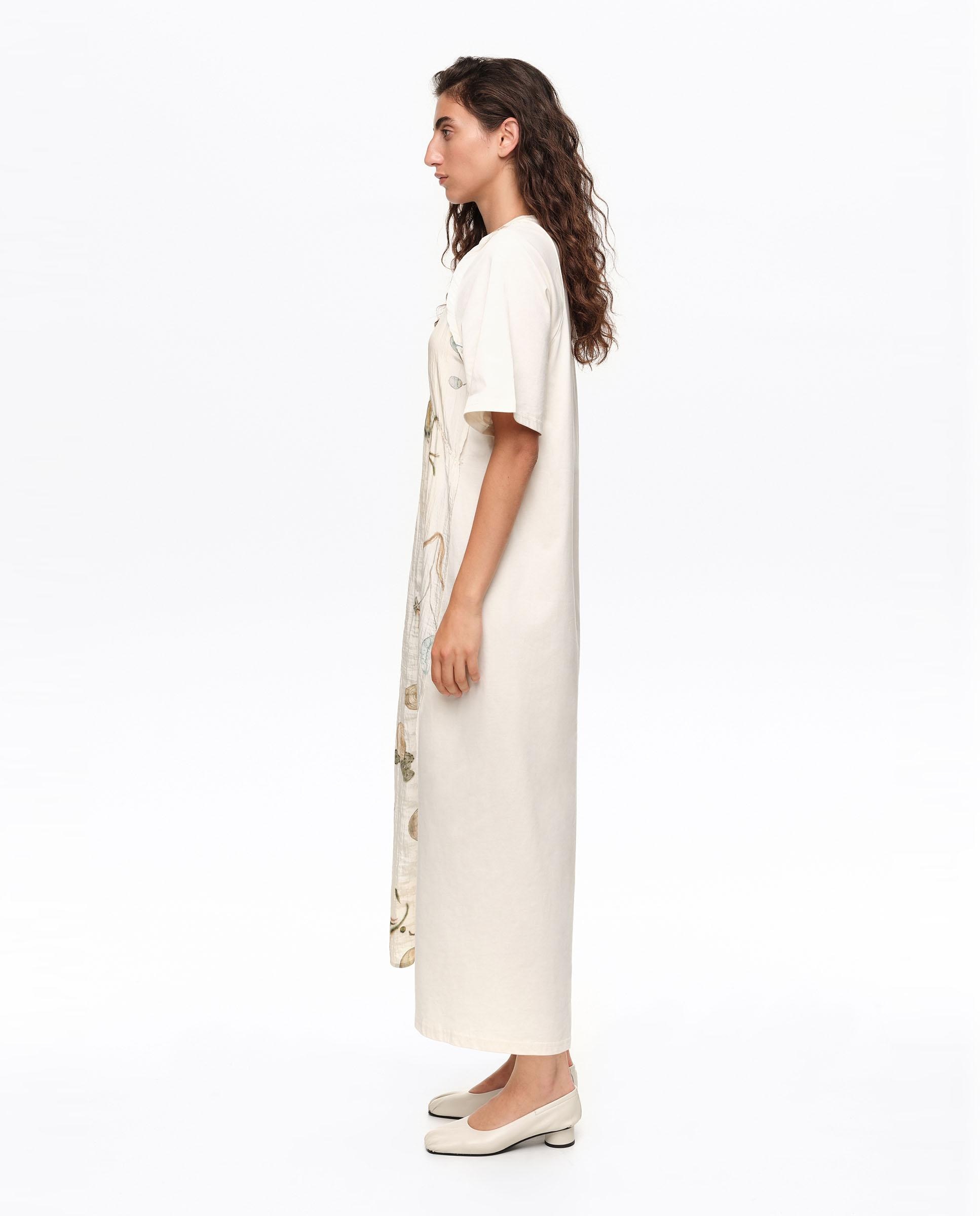 Vestido com Peitilho Estampado com Rendas Marfim-3