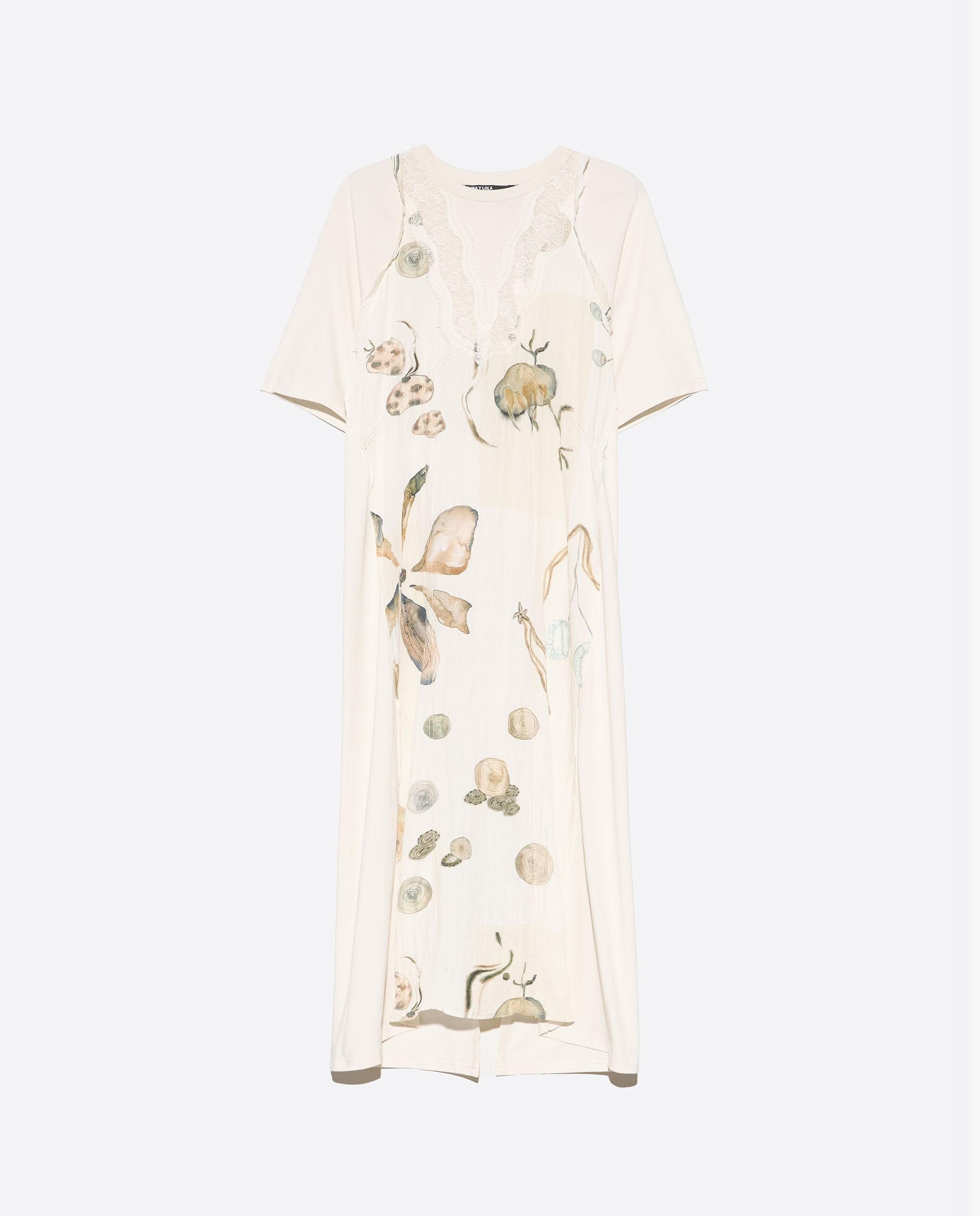 Vestido com Peitilho Estampado com Rendas Marfim-5