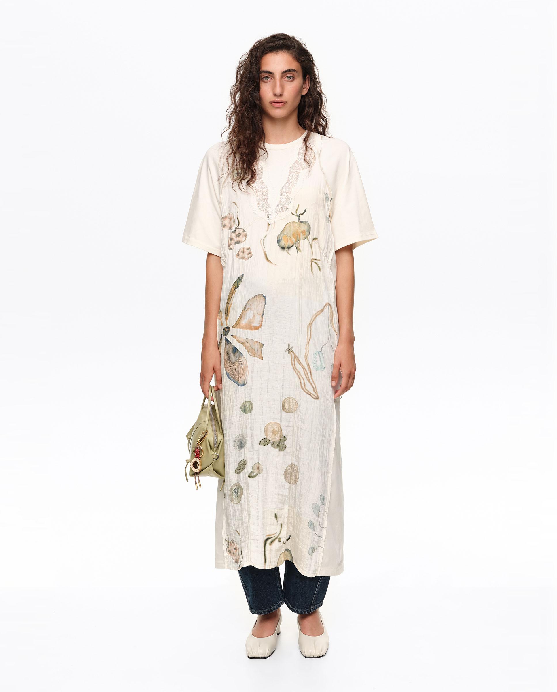 Vestido com Peitilho Estampado com Rendas Marfim-6