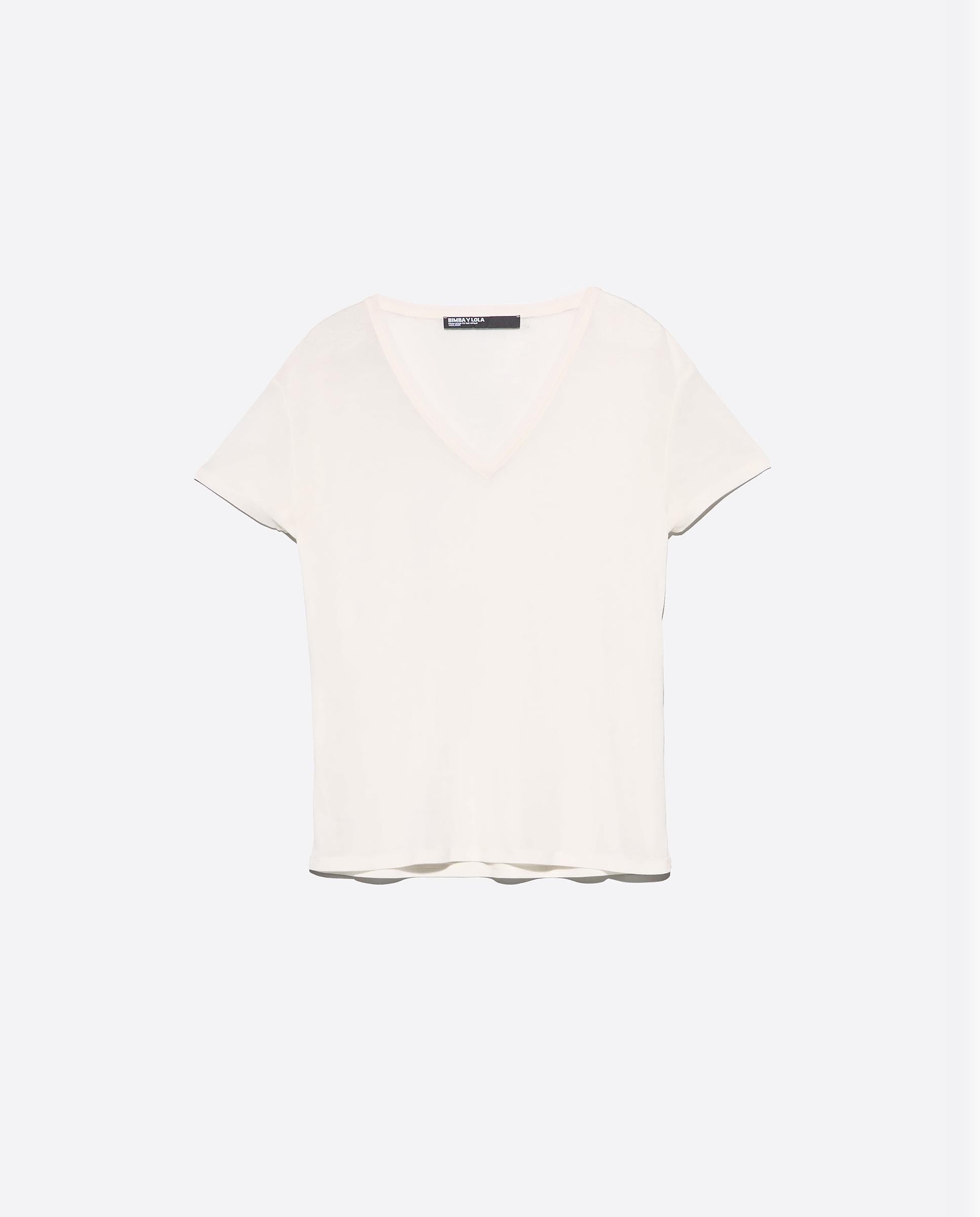 T-shirt Fluida com Decote V Marfim-5