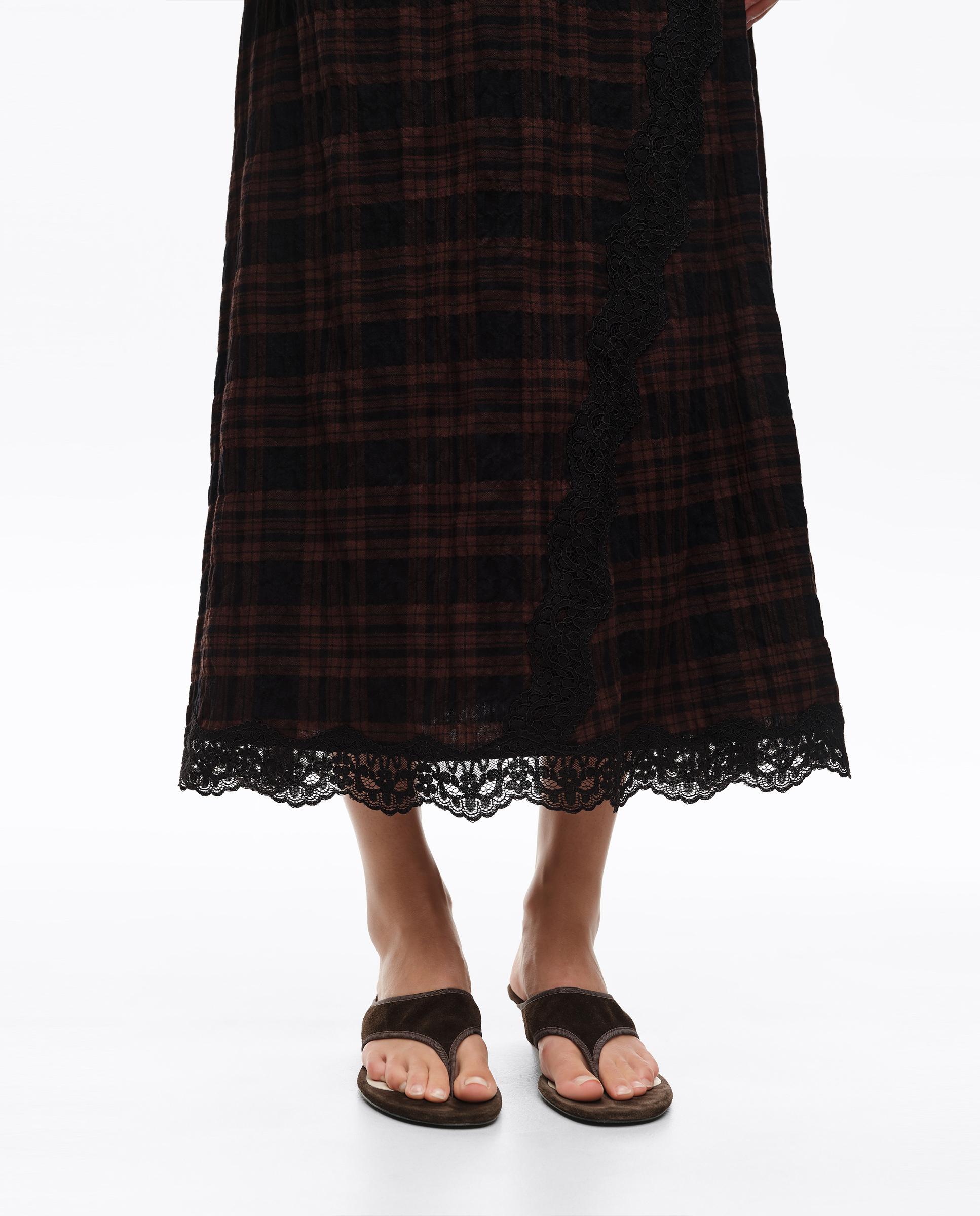 Vestido Midi com Rendas Aos Quadrados Castanho-escuro-3
