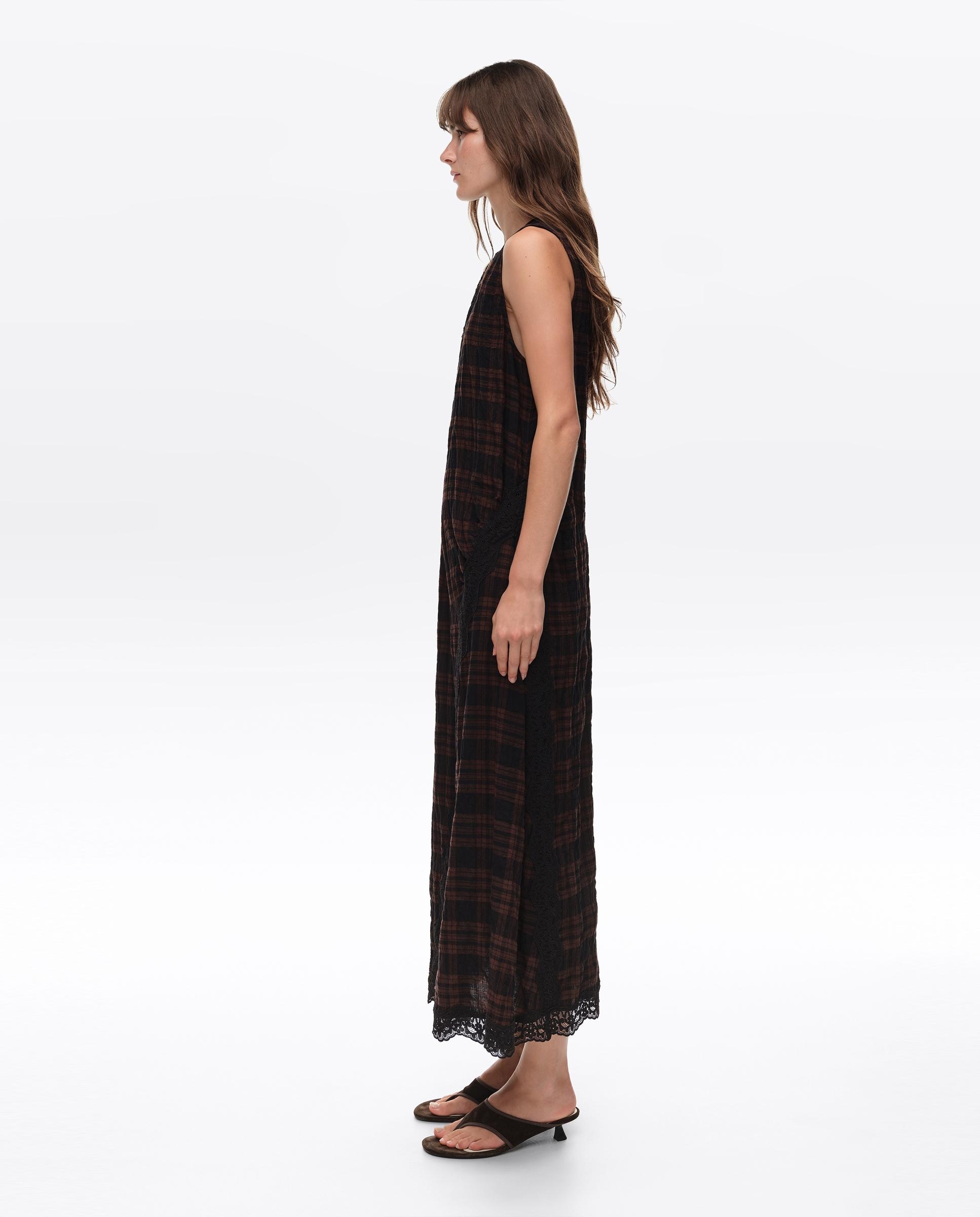 Vestido Midi com Rendas Aos Quadrados Castanho-escuro-4