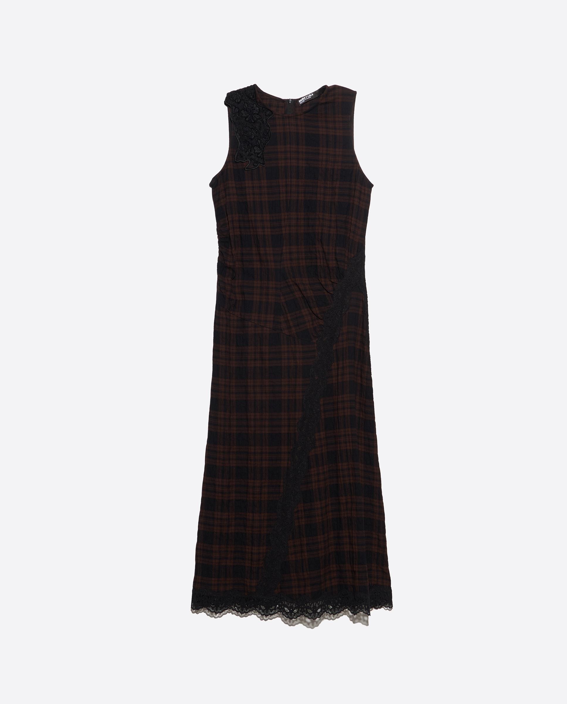 Vestido Midi com Rendas Aos Quadrados Castanho-escuro-6