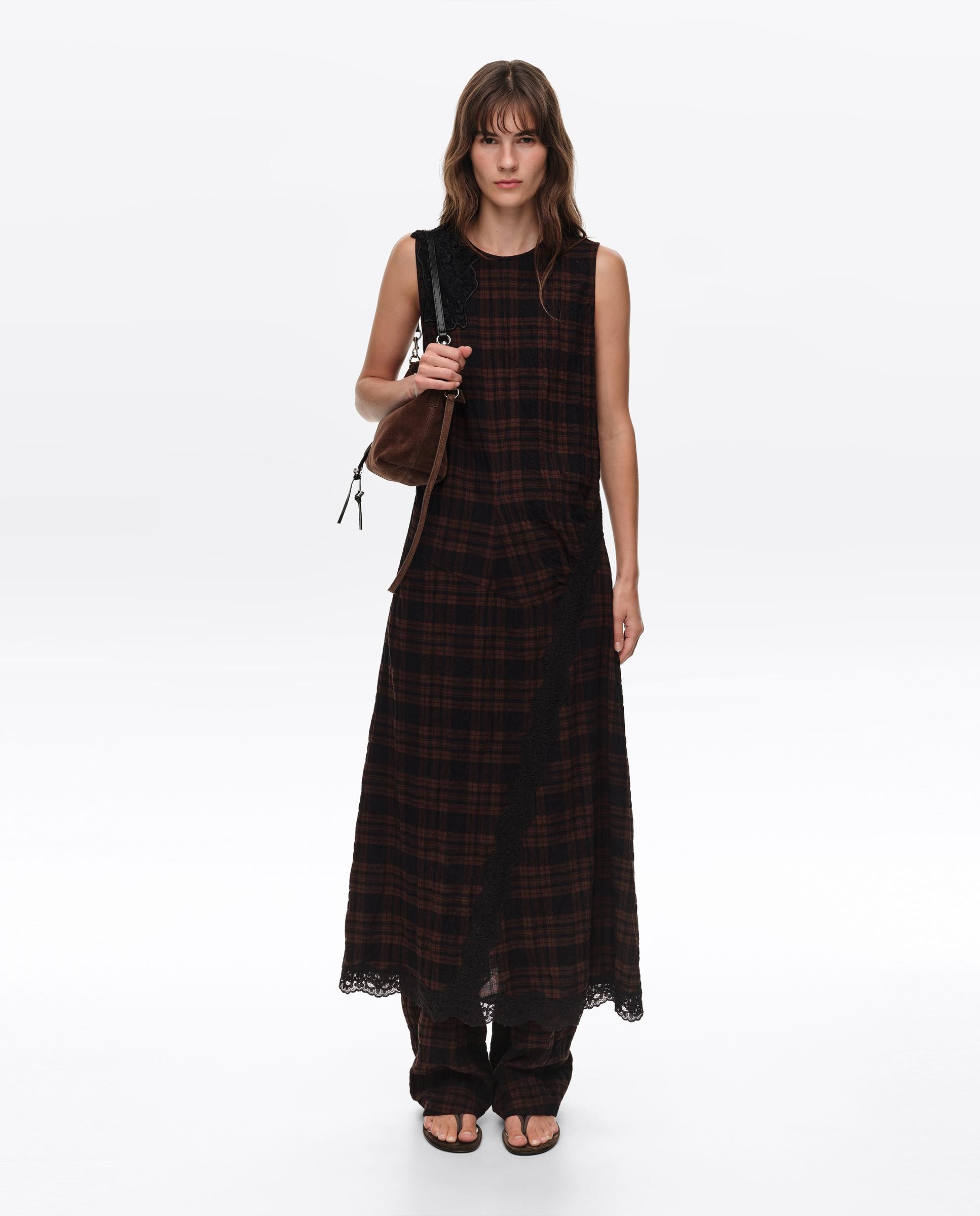 Vestido Midi com Rendas Aos Quadrados Castanho-escuro-7