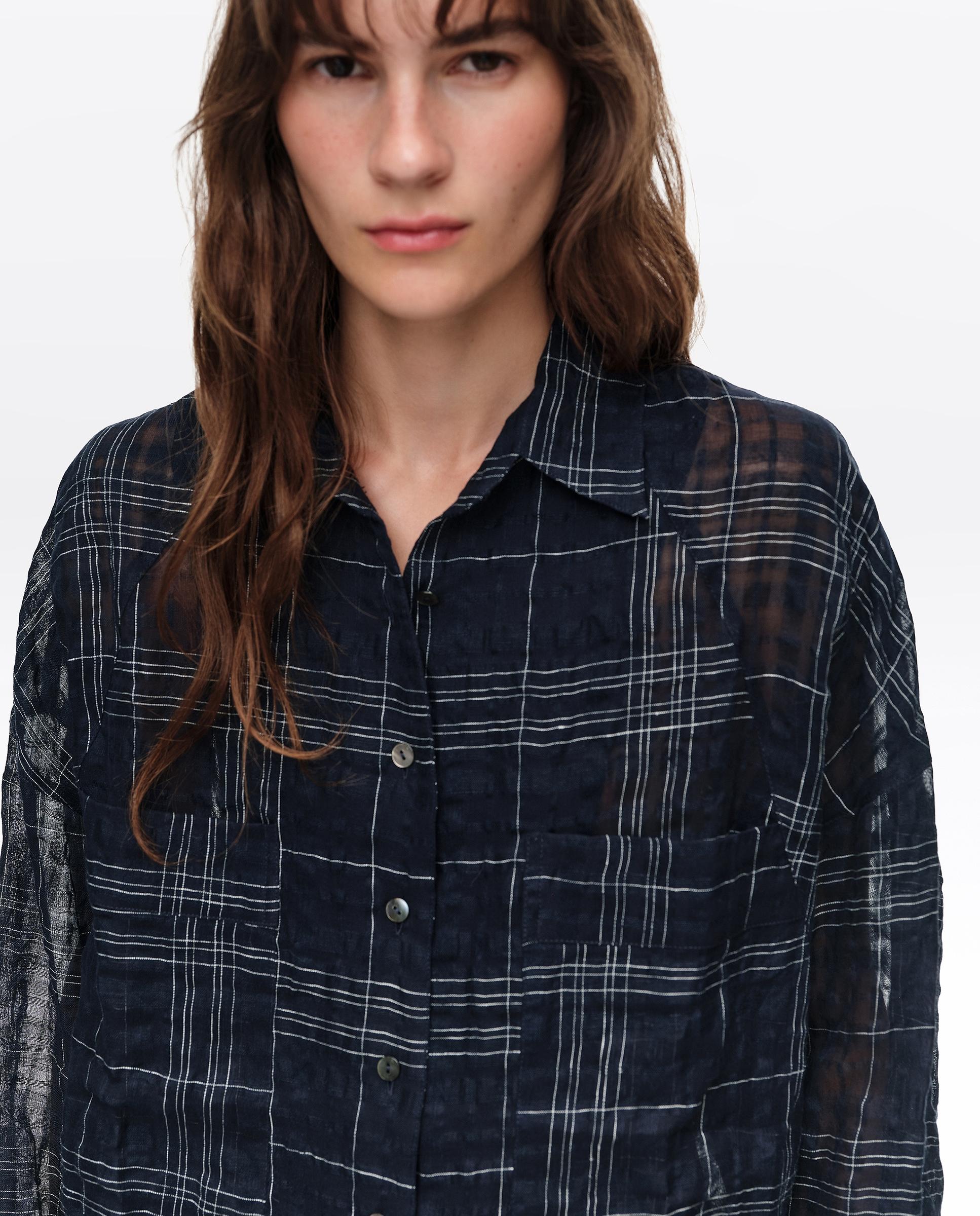 Camisa Oversize em Linho Aos Quadrados Azul-marinho-2