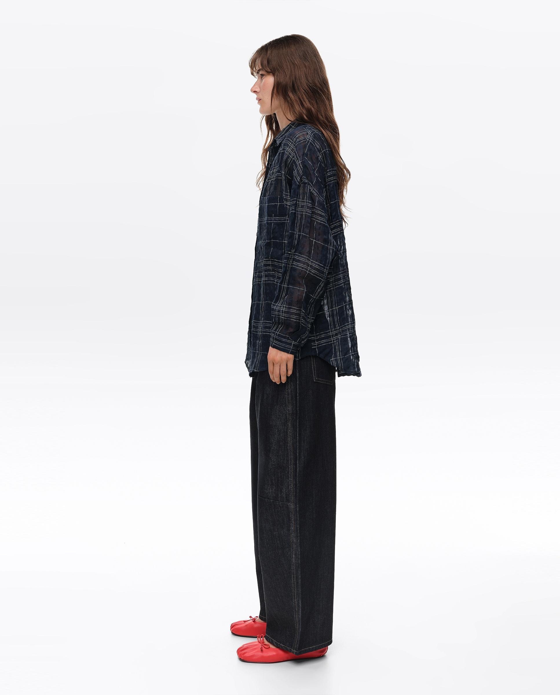 Camisa Oversize em Linho Aos Quadrados Azul-marinho-3