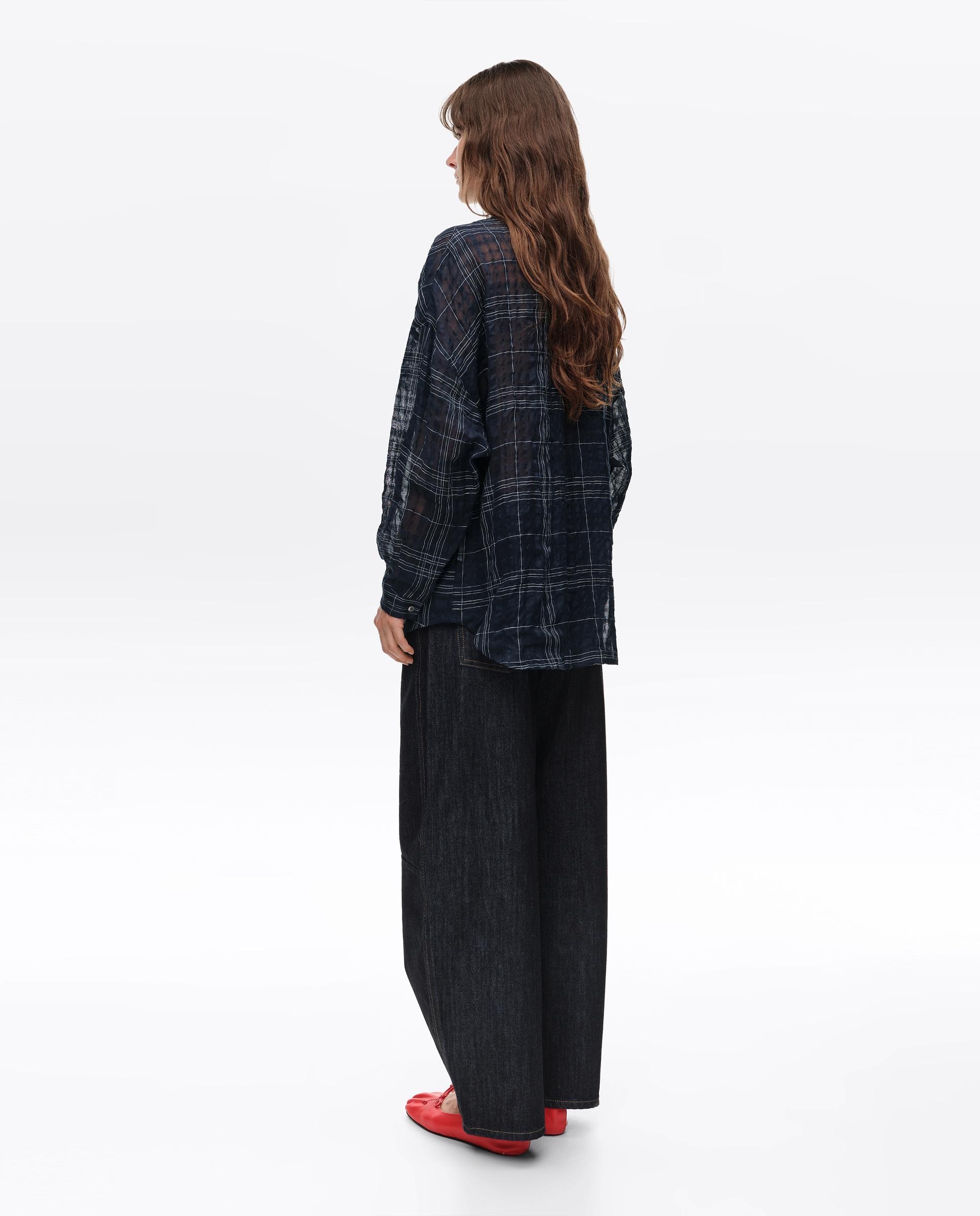 Camisa Oversize em Linho Aos Quadrados Azul-marinho-4