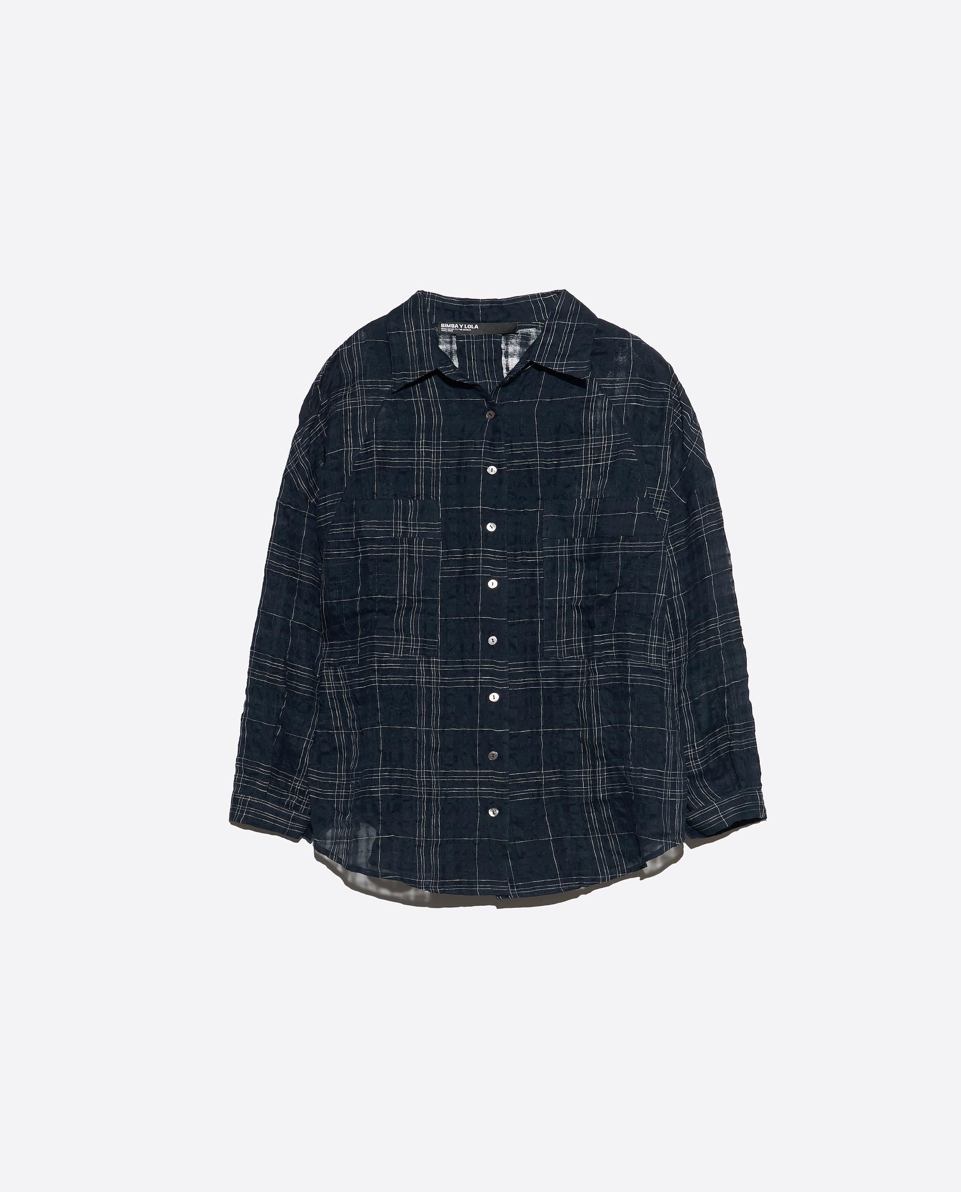 Camisa Oversize em Linho Aos Quadrados Azul-marinho-5