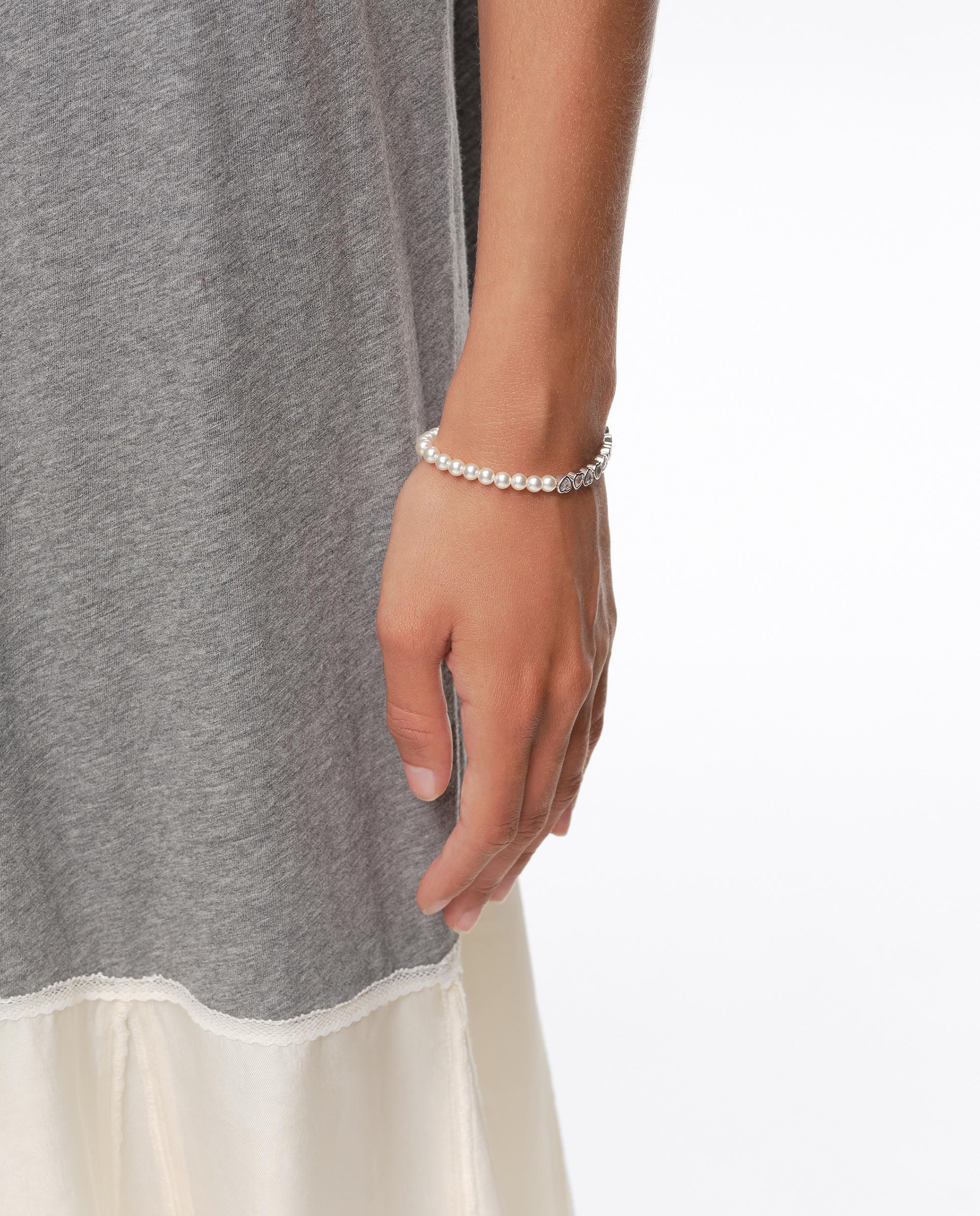 Pulseira de Corrente com Pérolas e Cristais com Forma de Coração Prateado-3
