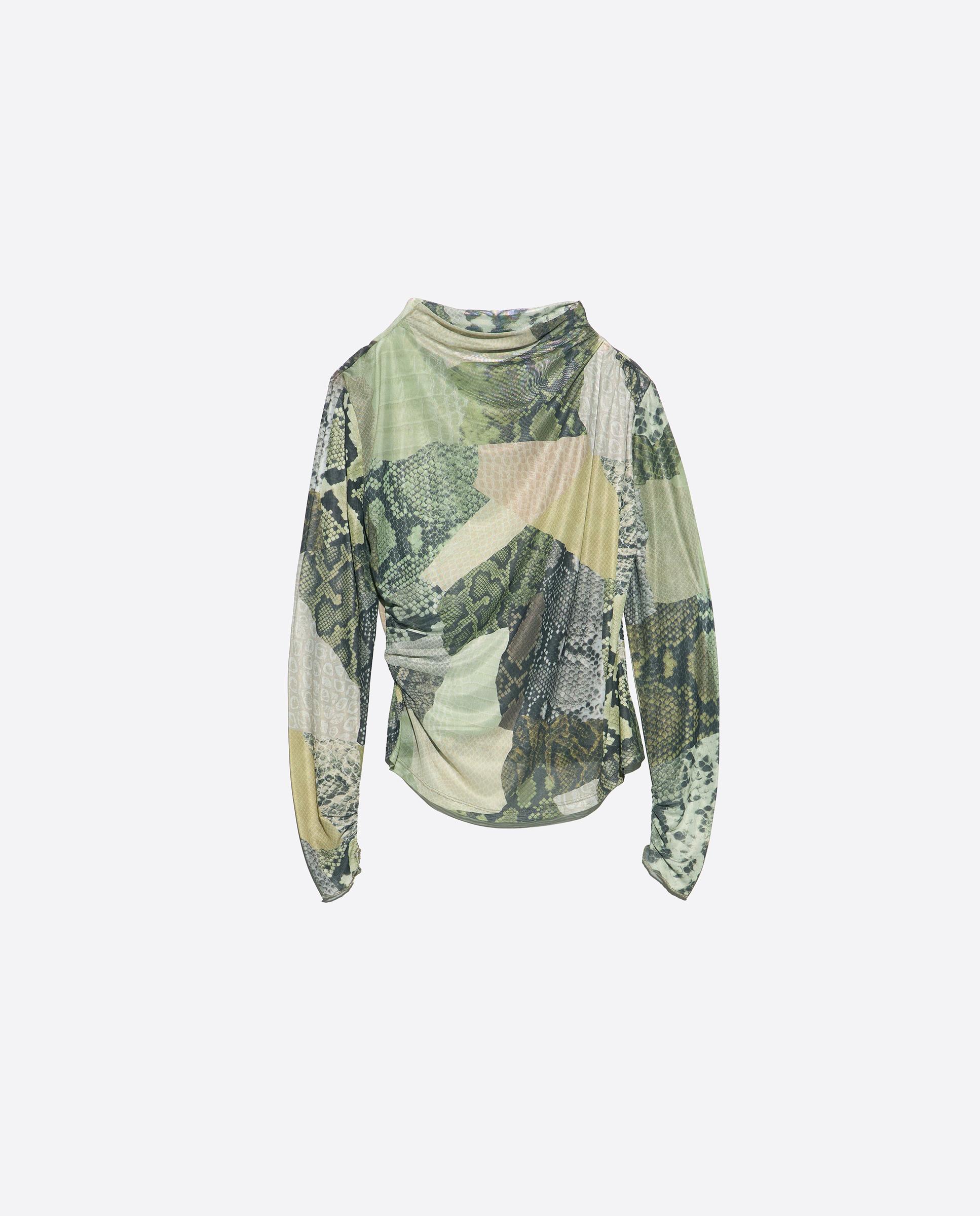 T-shirt Franzida em Tule Snake Patchwork Verde-5