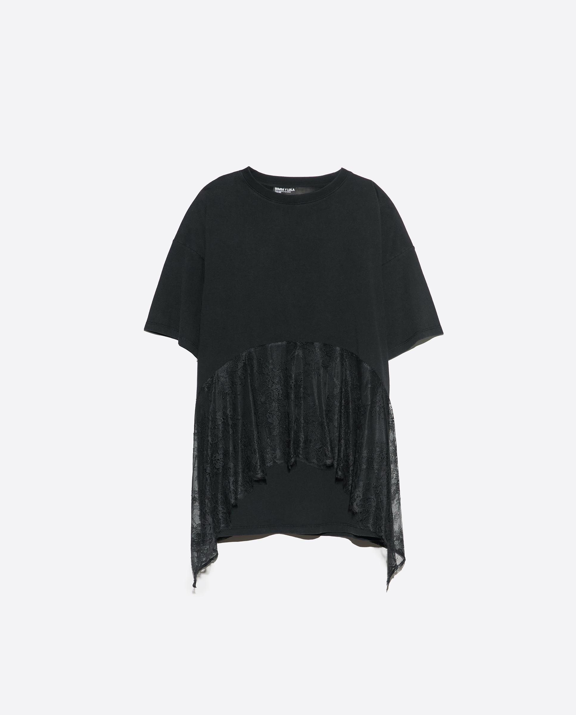 T-shirt com Folho em Renda Preto-5