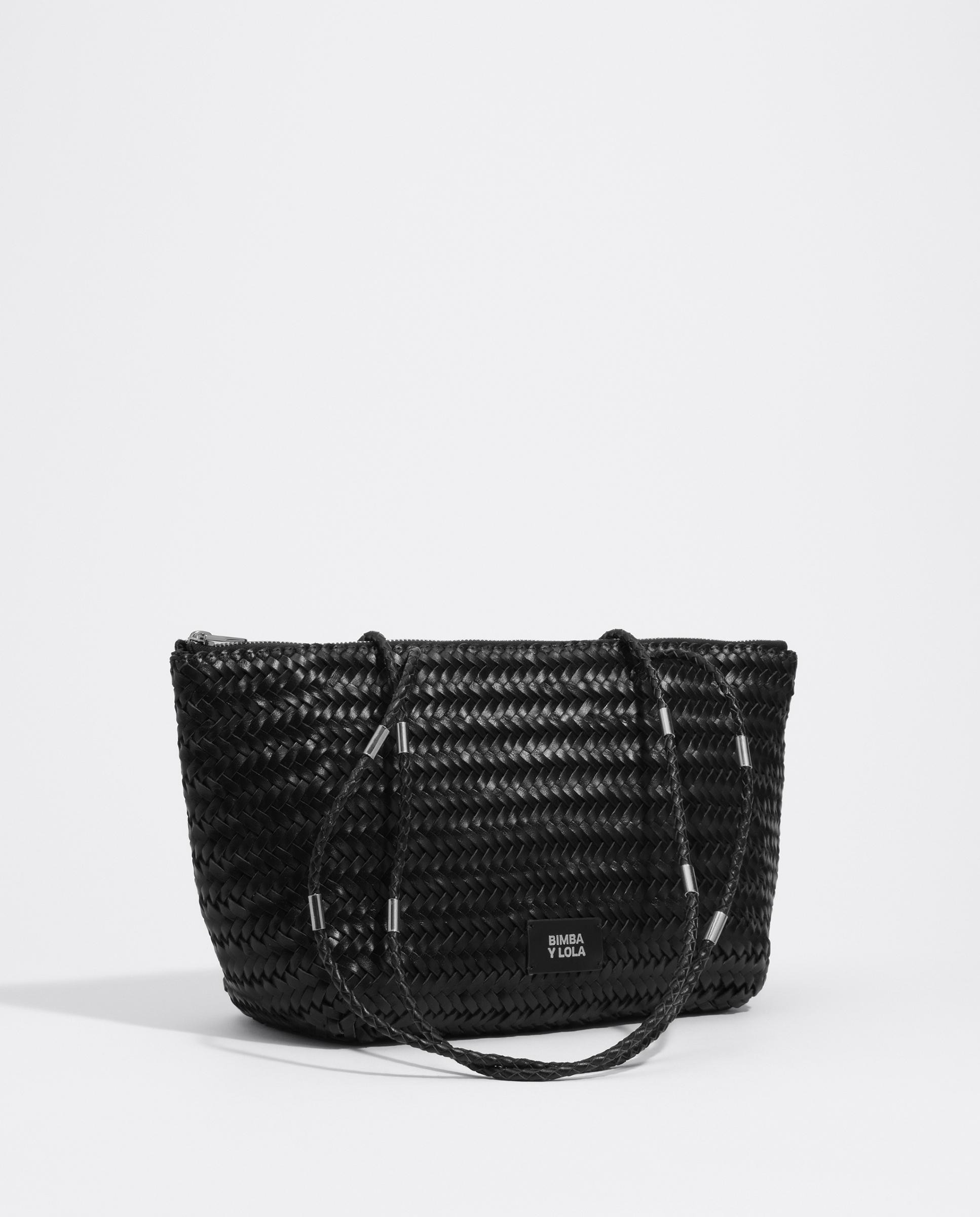 Mala de Ombro Shopper Média em Pele Entrançada Preto-2