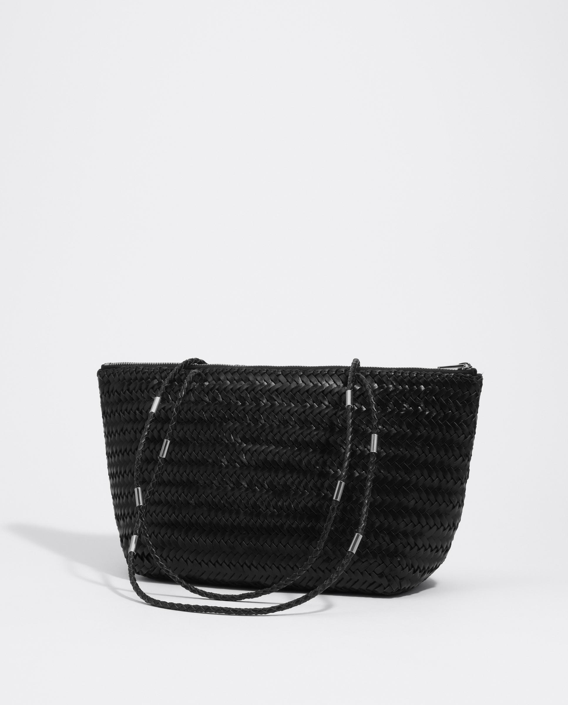 Mala de Ombro Shopper Média em Pele Entrançada Preto-4
