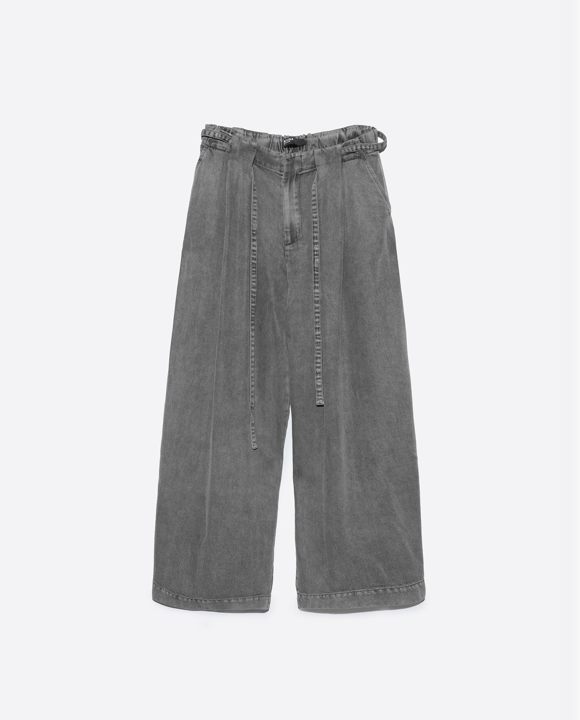 Calças Largas Denim Fluido com Cinto Cinzento-claro-5