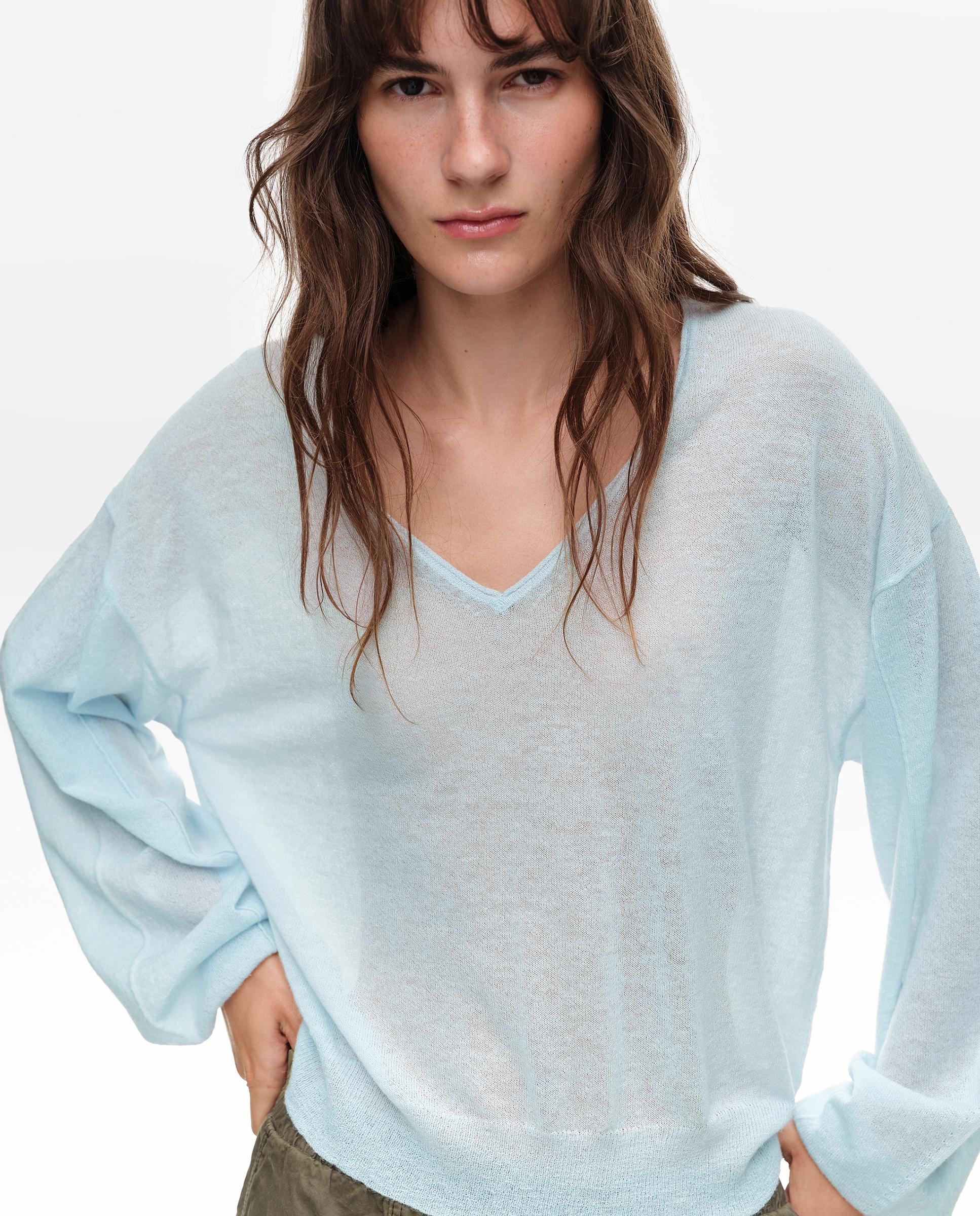 Camisola com Decote em V em Lã Azul-claro-2