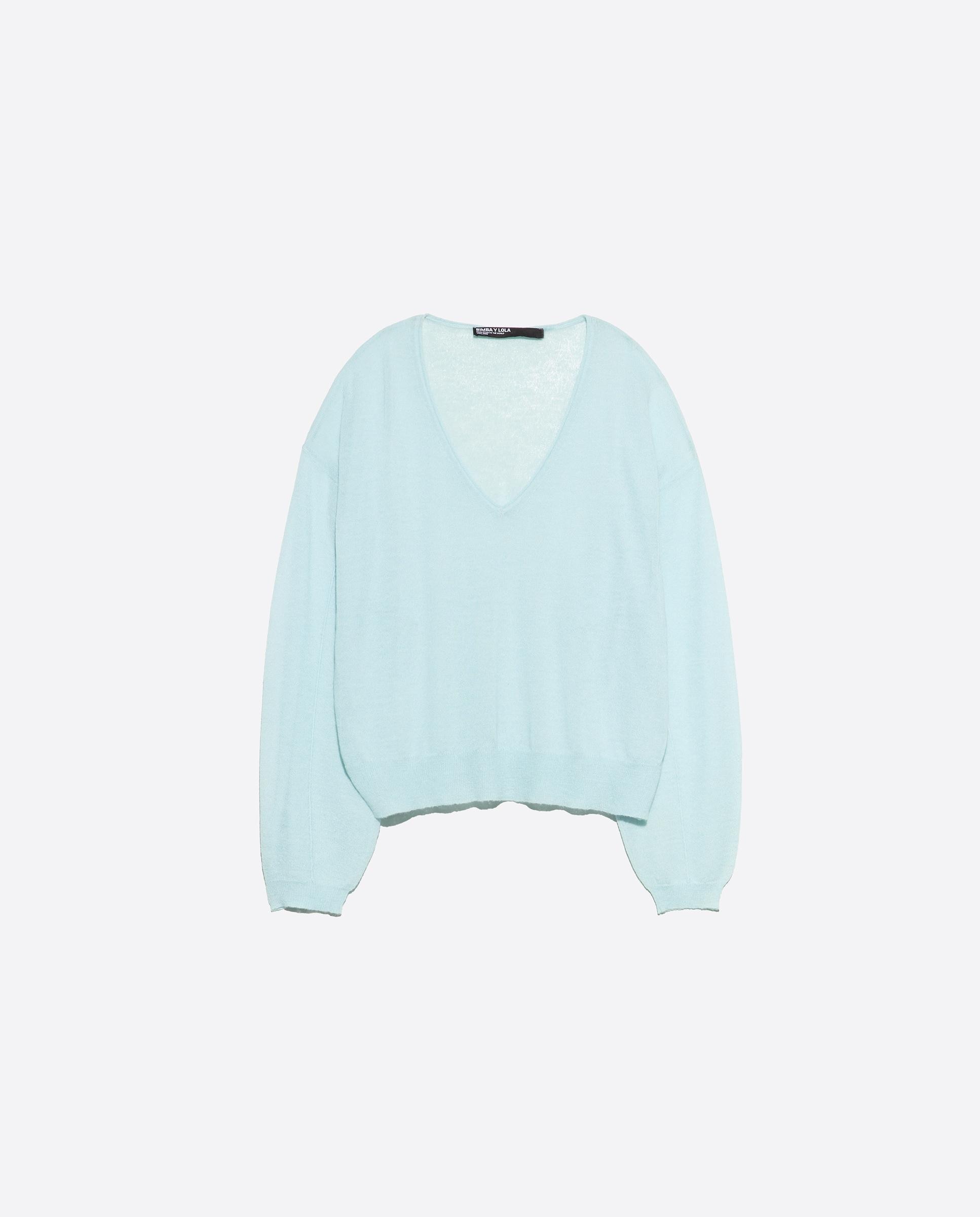 Camisola com Decote em V em Lã Azul-claro-5