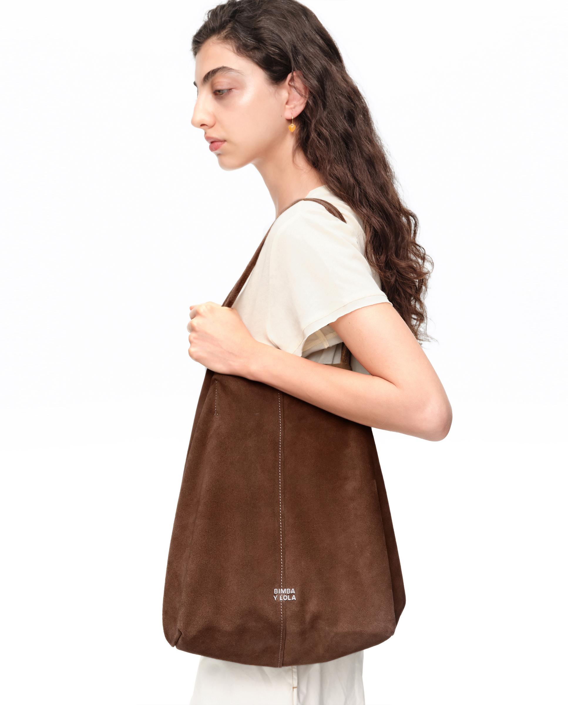 Mala de Ombro Shopper Maxi em Camurça Castanho-3