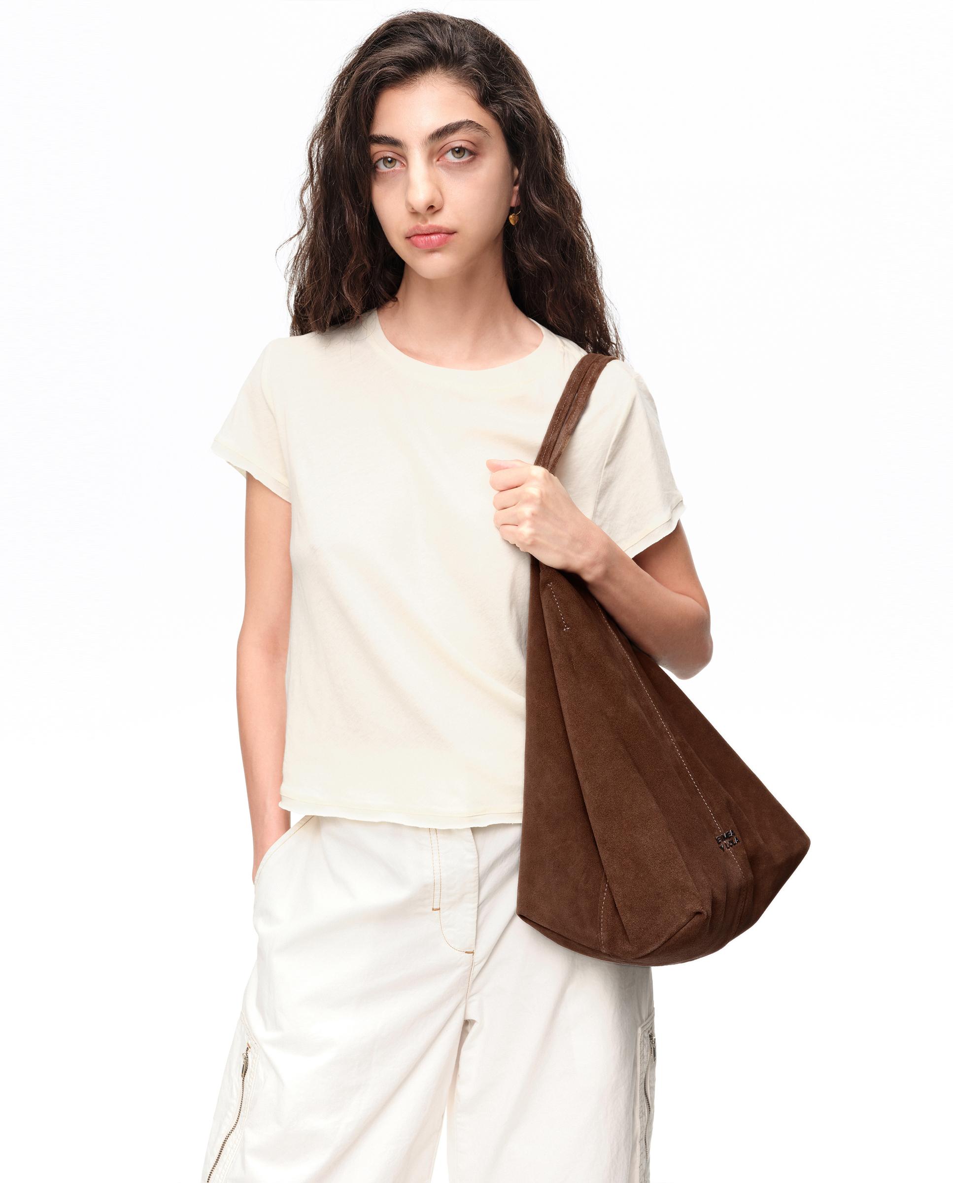 Mala de Ombro Shopper Maxi em Camurça Castanho-7