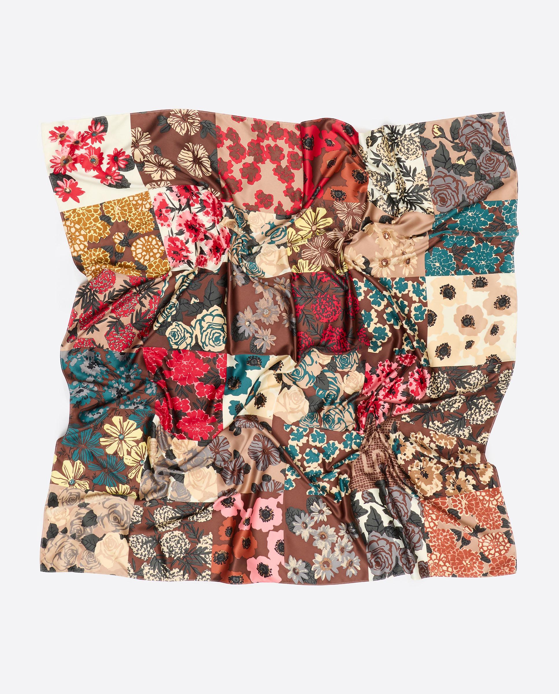 Lenço 100*100 Patchwork Flores Castanho-2
