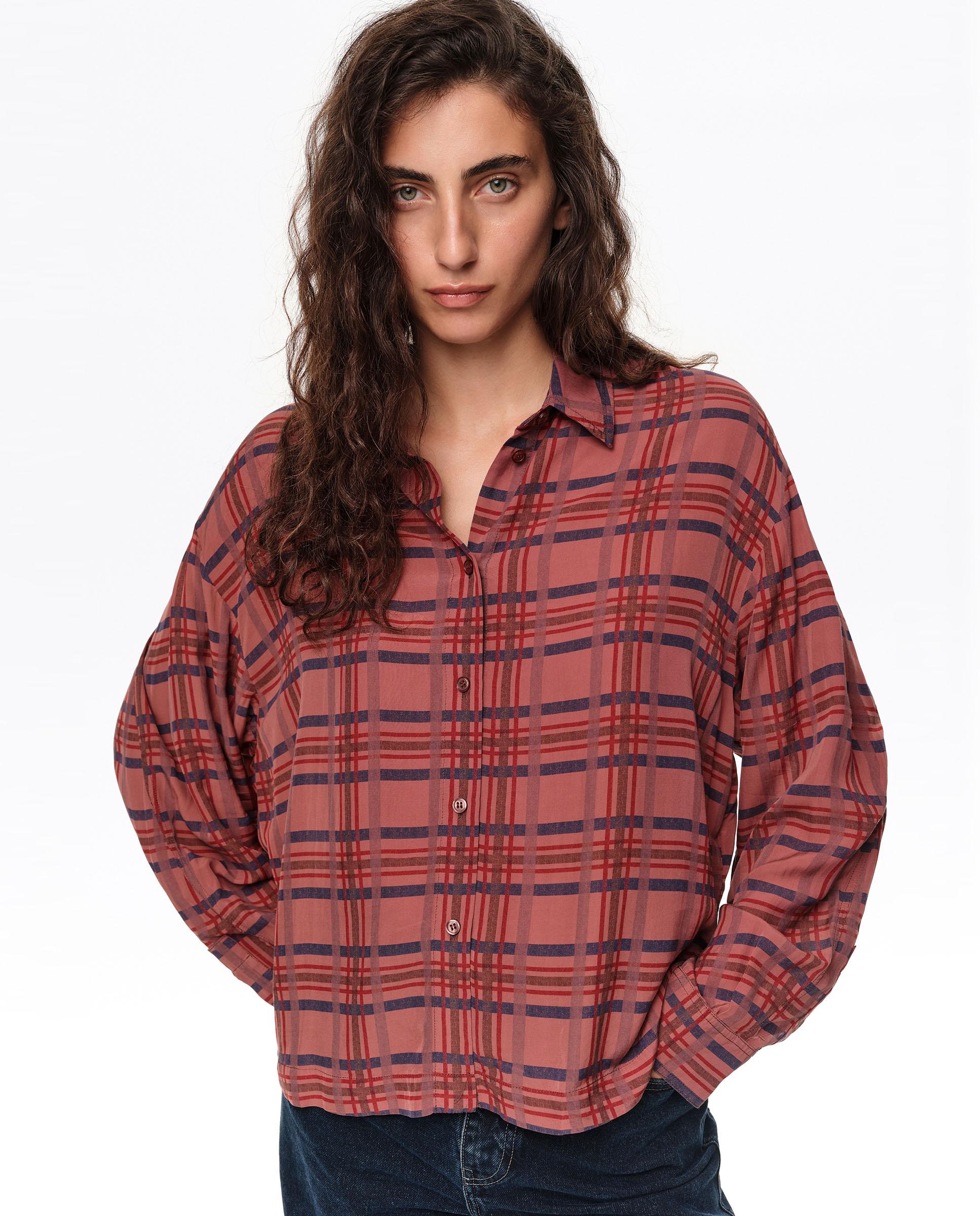 Camisa Fluída Boxy Aos Quadrados Grená-2