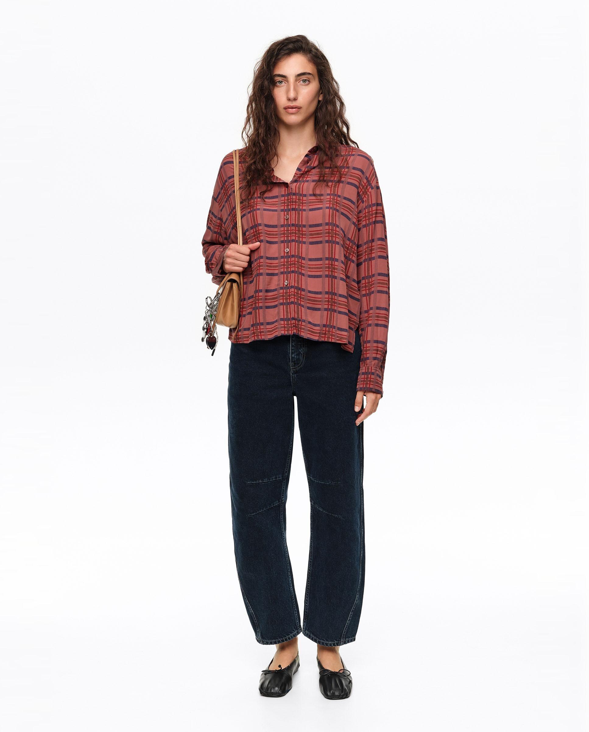 Camisa Fluída Boxy Aos Quadrados Grená-6