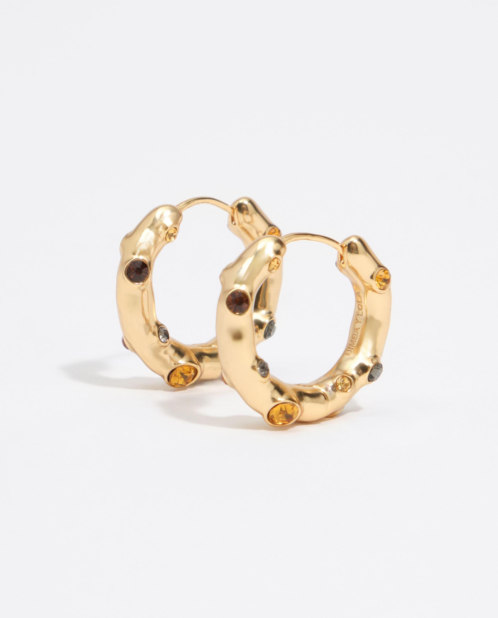 Brincos de Argola com Cristais e Metal com Textura em Dourado Dourado-5