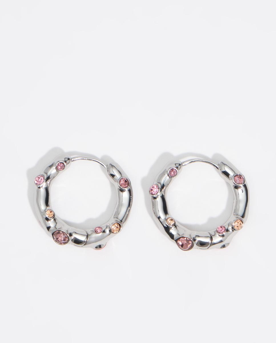 Imagem 0 de Brincos de Argola com Cristais e Metal com Textura Prateado