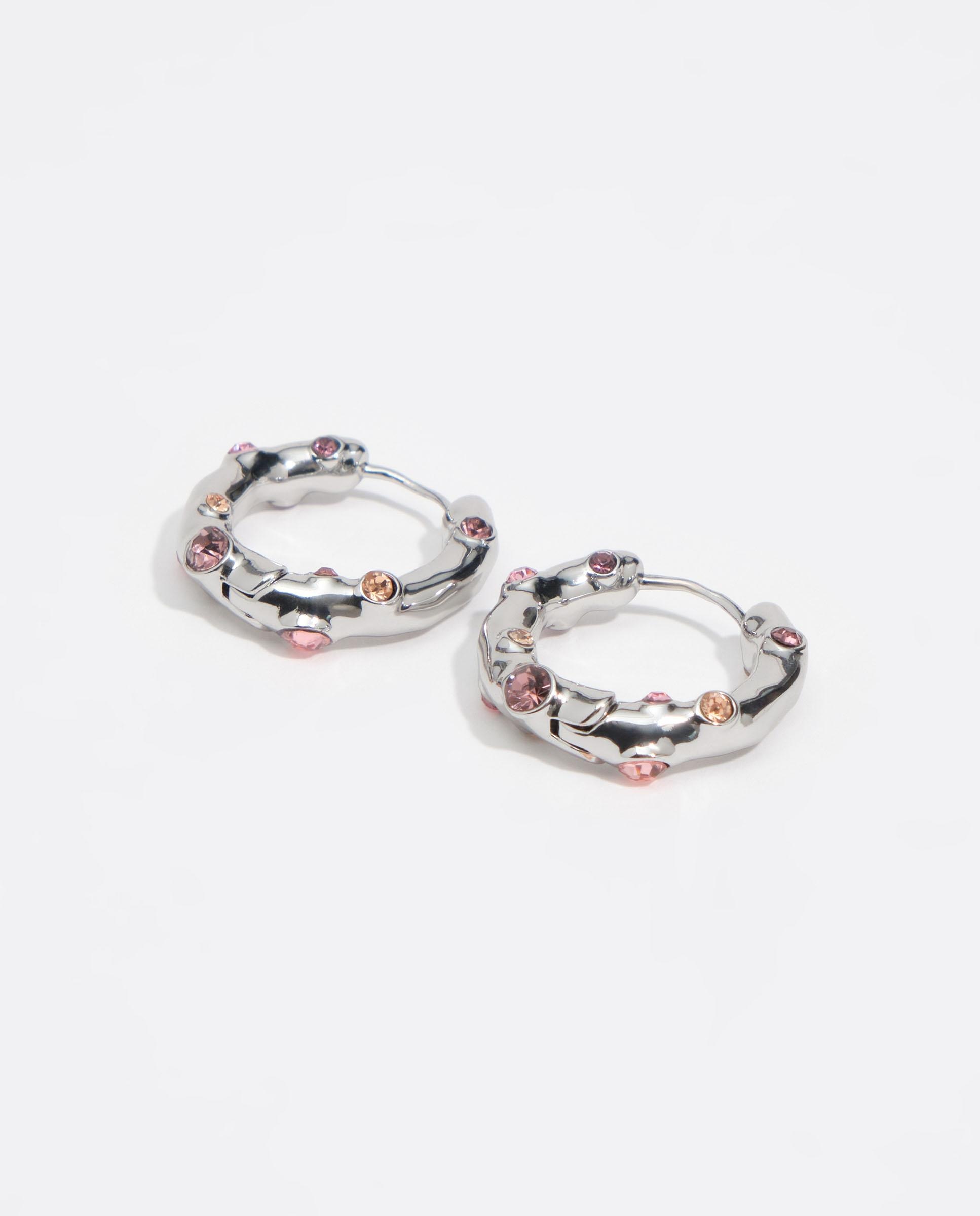 Brincos de Argola com Cristais e Metal com Textura Prateado Prateado-4