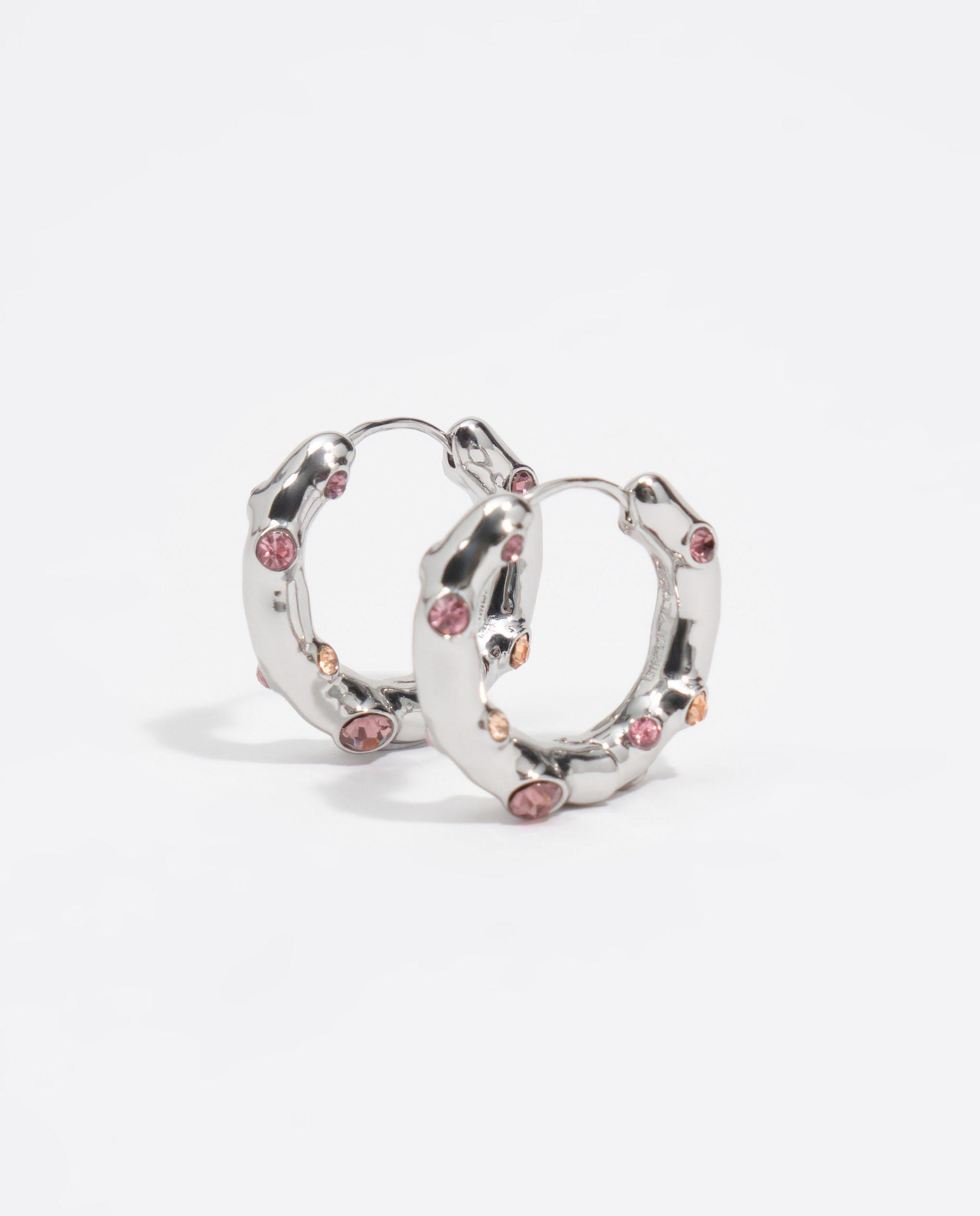 Brincos de Argola com Cristais e Metal com Textura Prateado Prateado-5