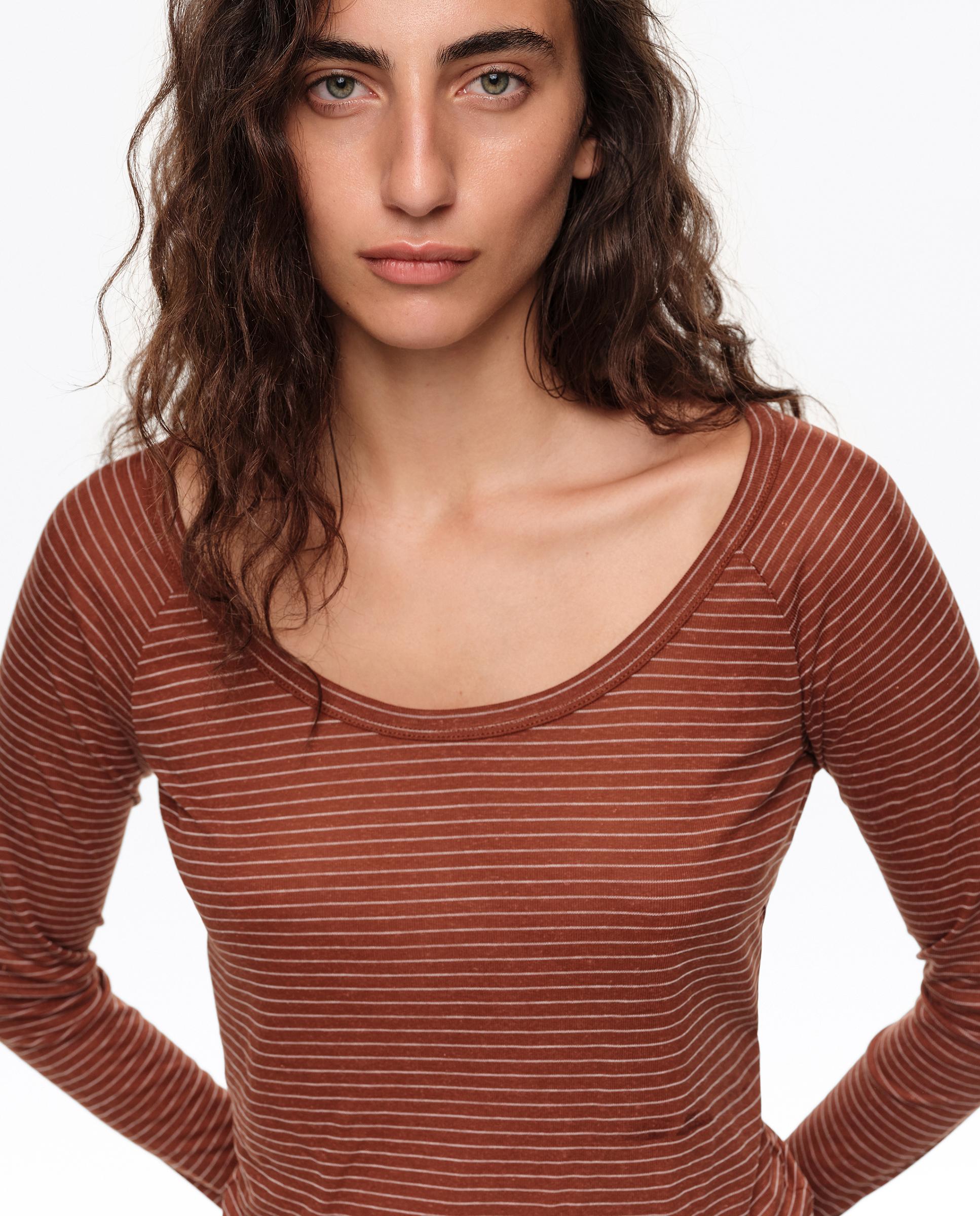 T-shirt de Linho Ajustada Às Riscas Castanho-2