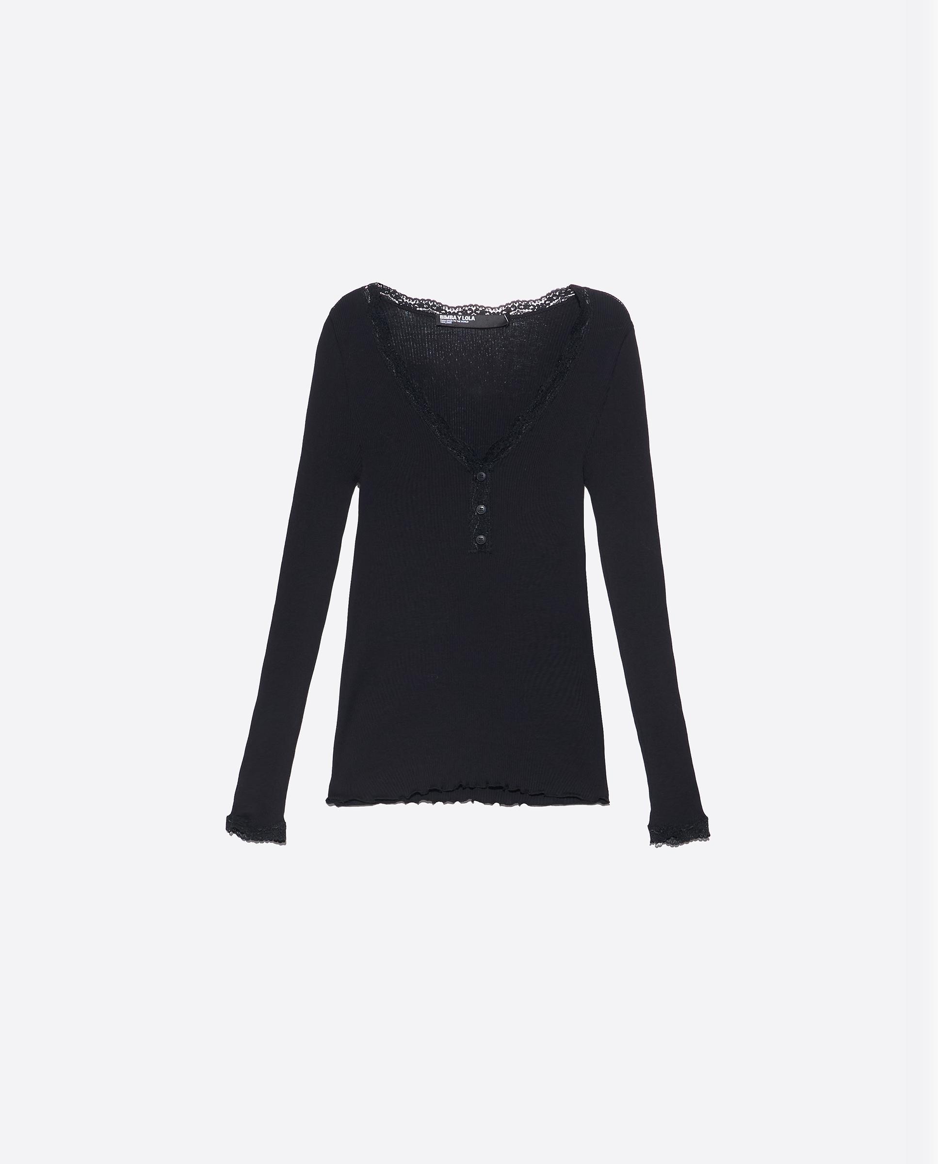 T-shirt Canelada com Decote V Preto-4