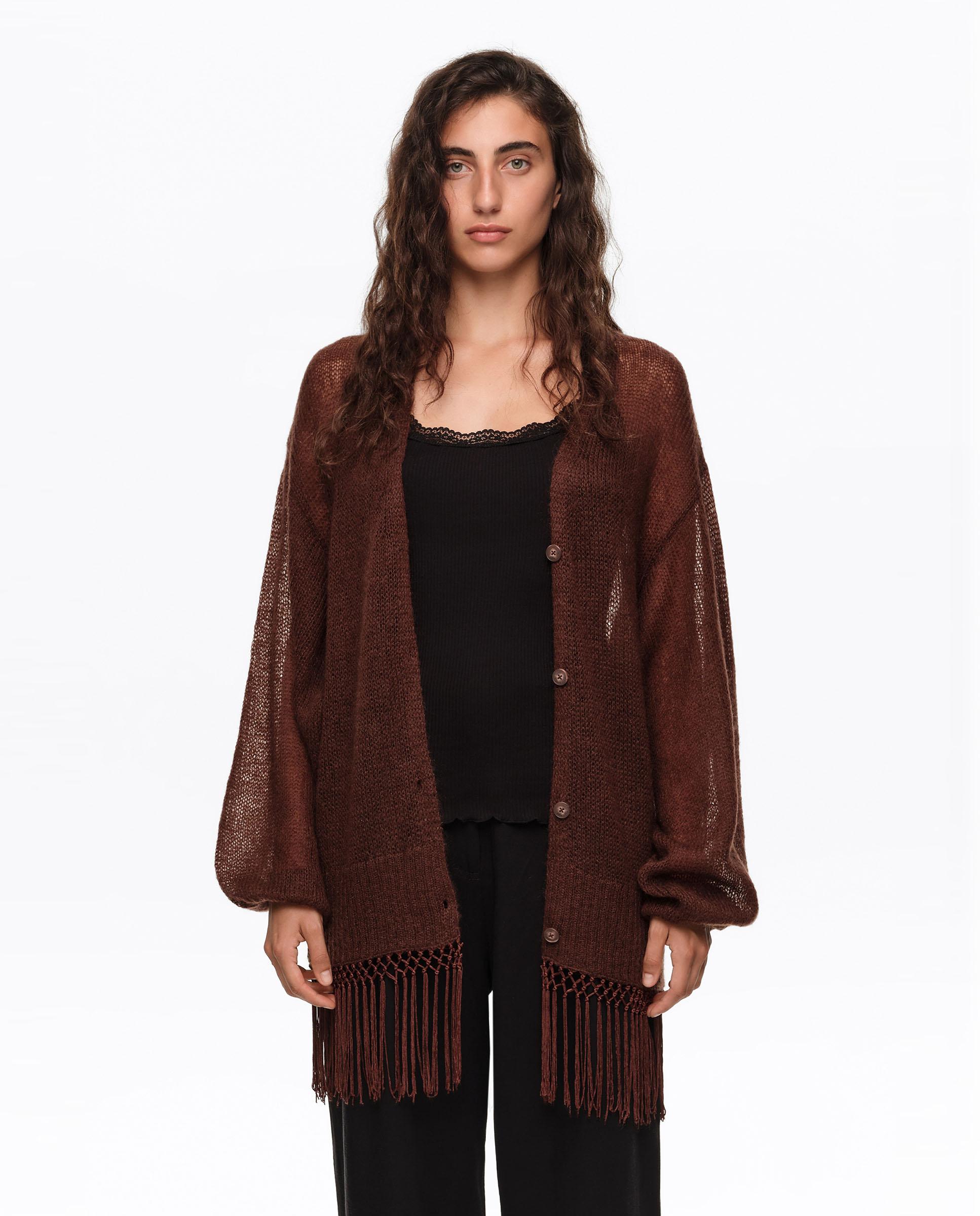 Cardigan Comprido com Franjas Castanho-escuro-1