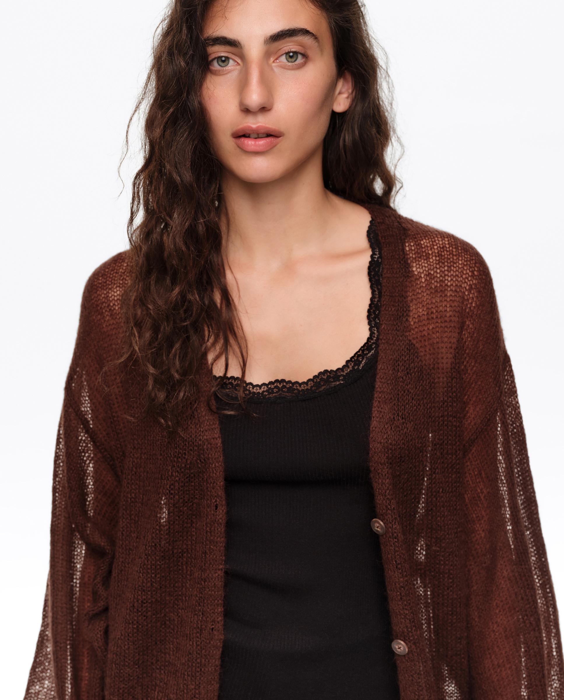 Cardigan Comprido com Franjas Castanho-escuro-2