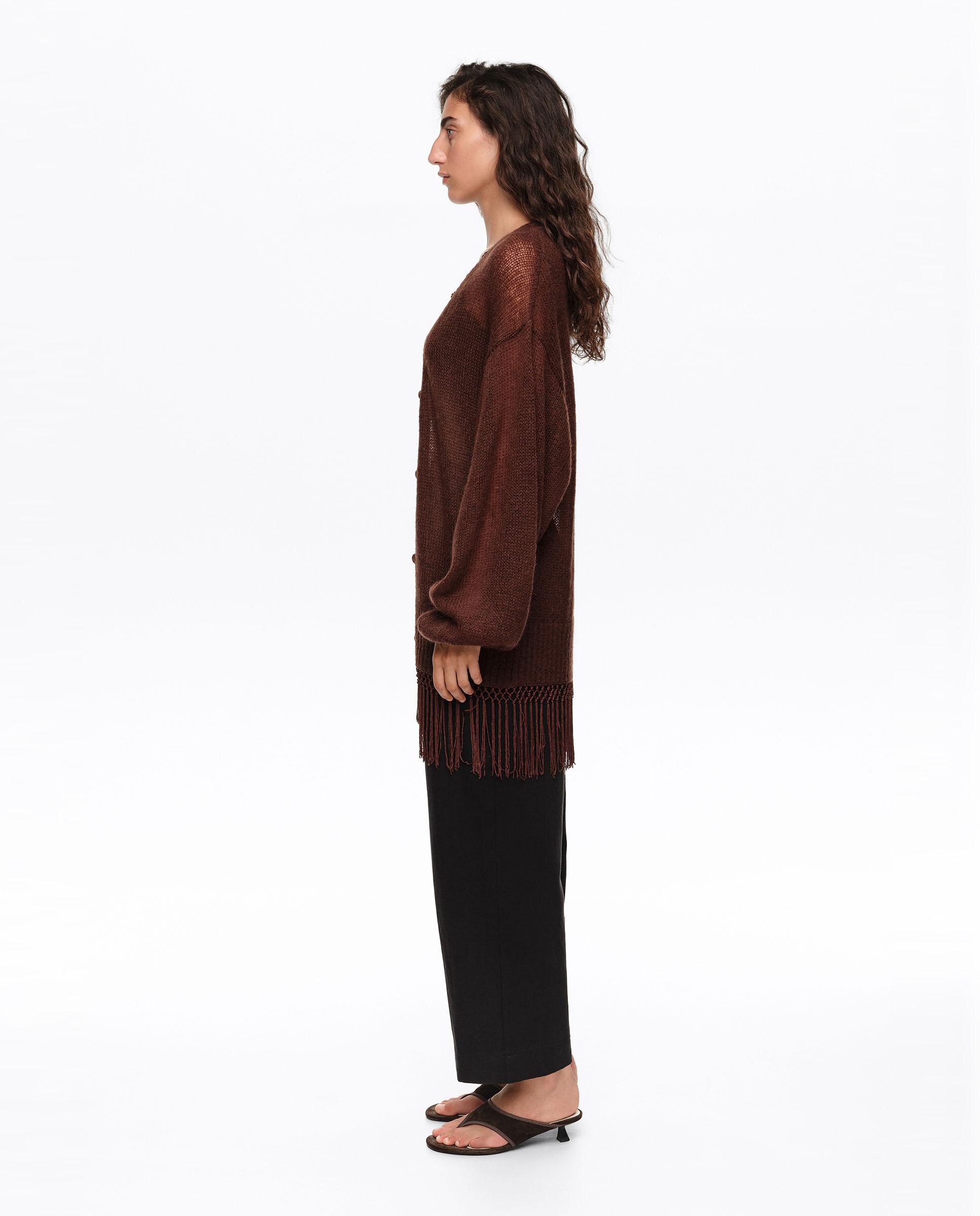Cardigan Comprido com Franjas Castanho-escuro-3