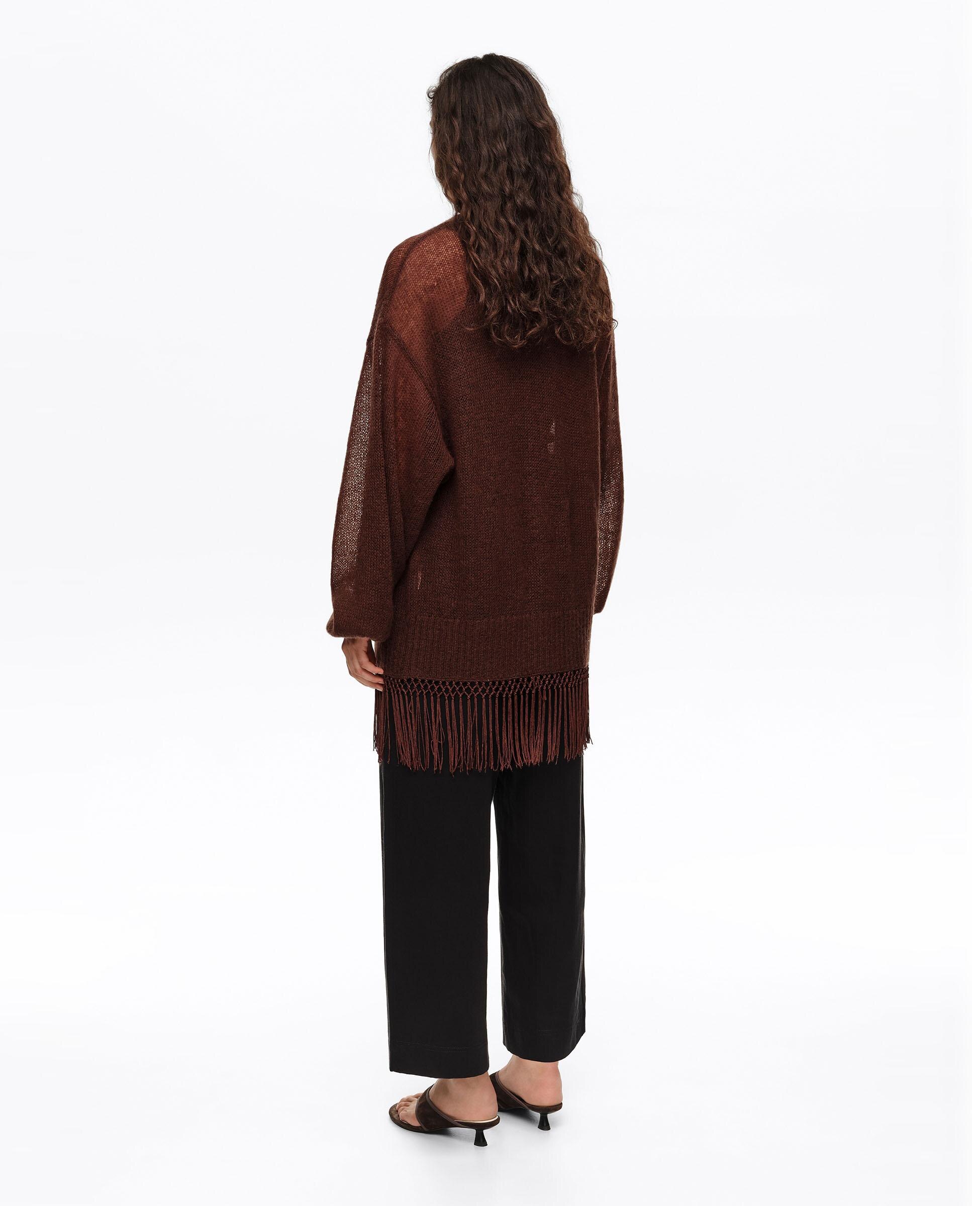 Cardigan Comprido com Franjas Castanho-escuro-4