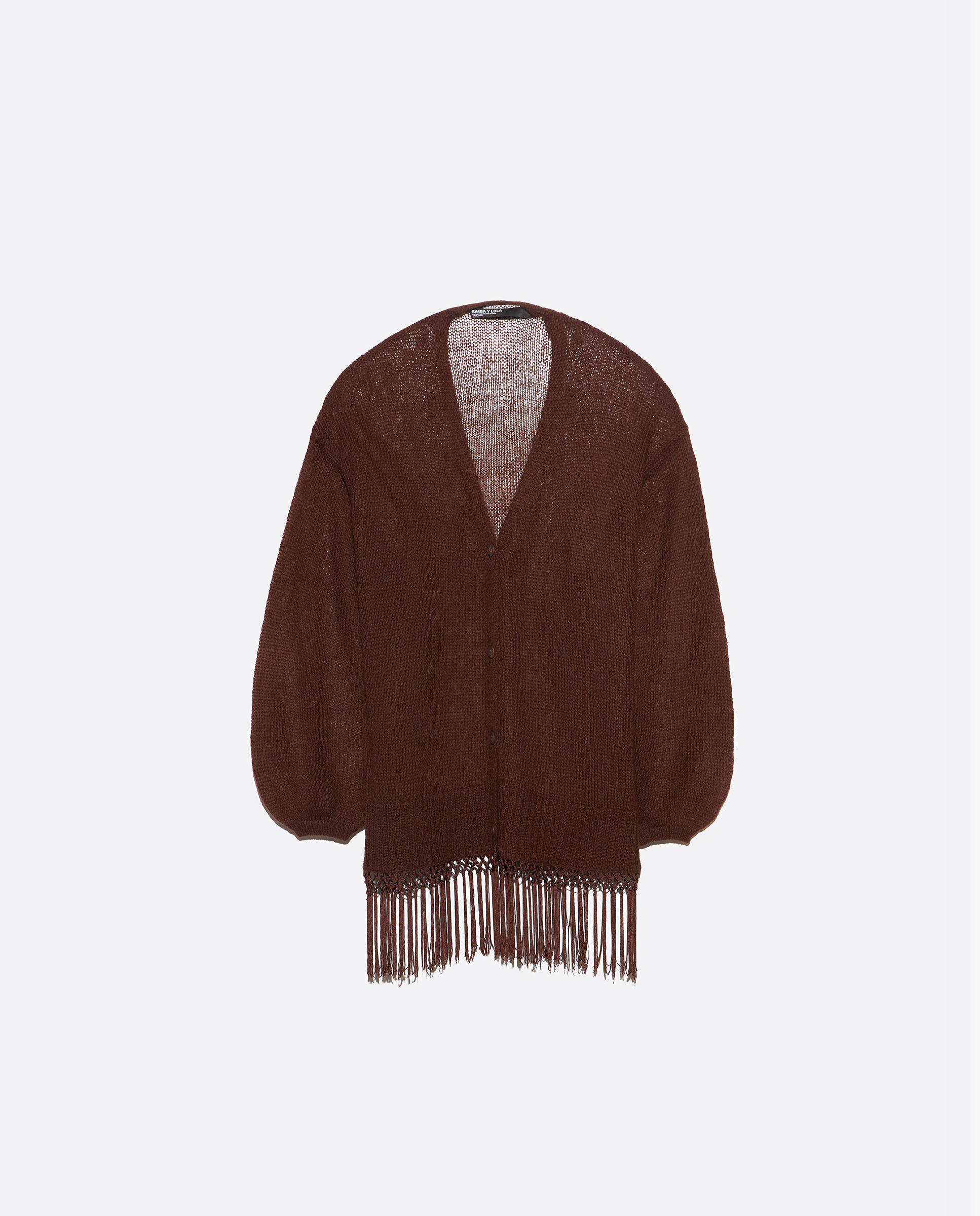 Cardigan Comprido com Franjas Castanho-escuro-5