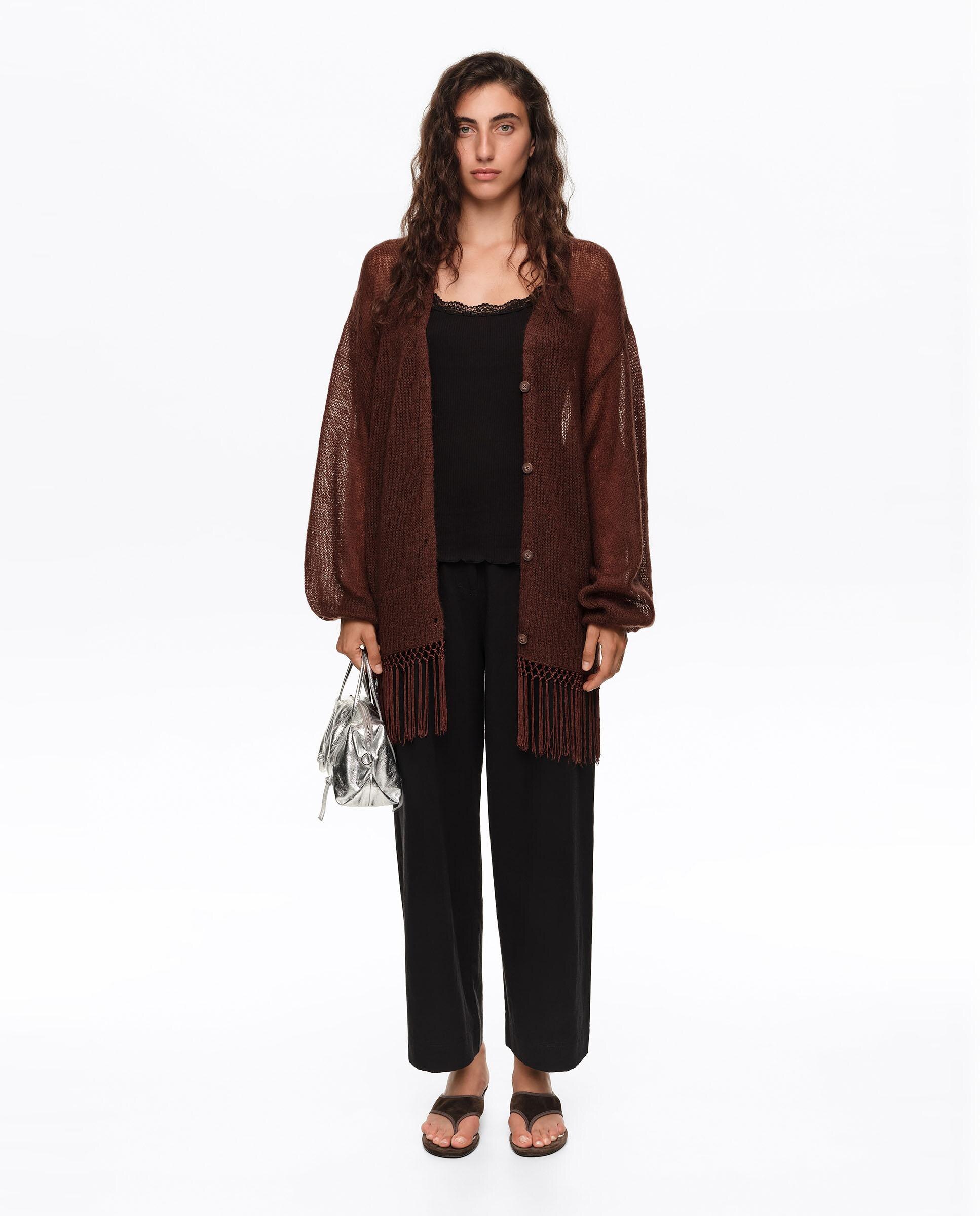 Cardigan Comprido com Franjas Castanho-escuro-6