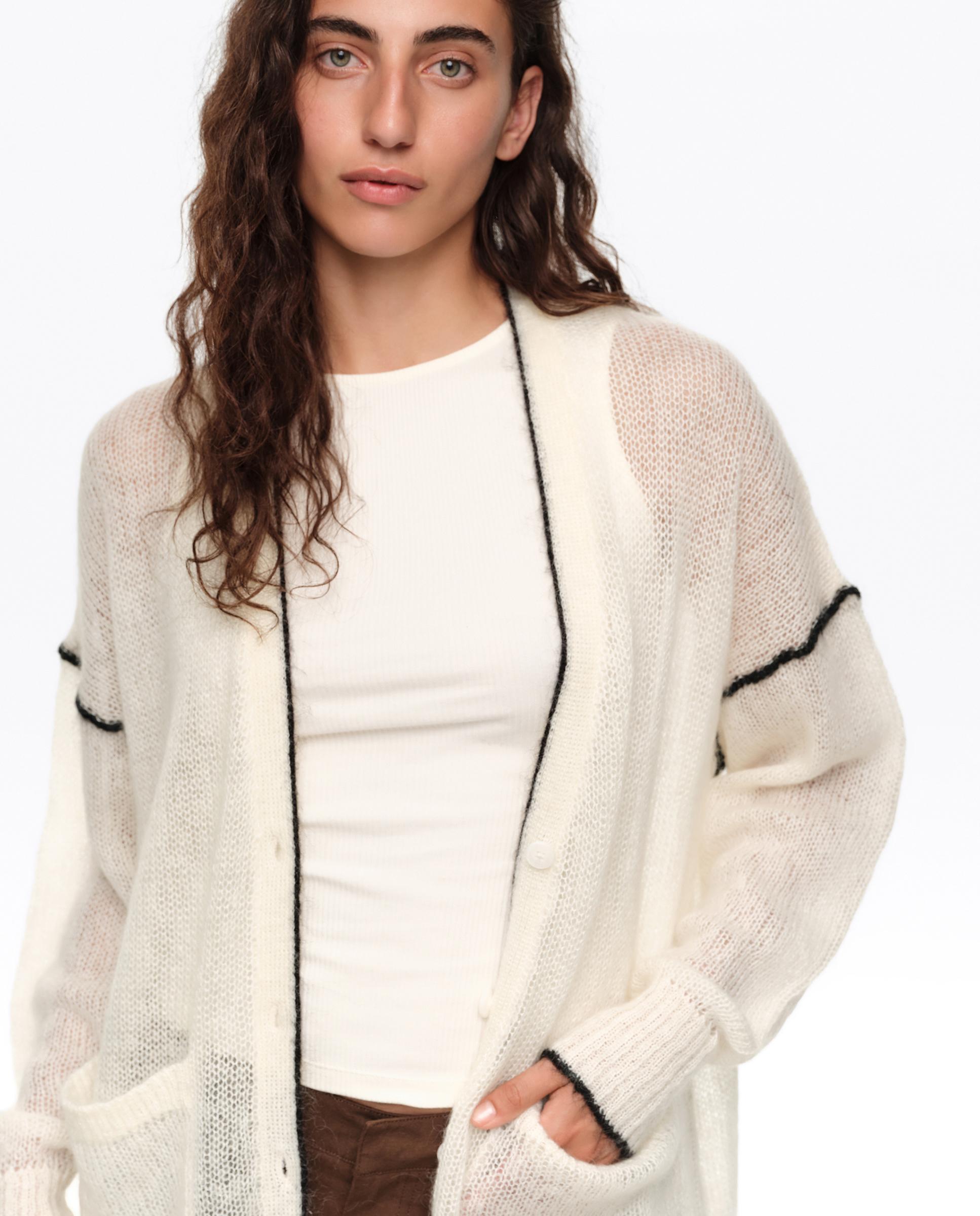 Cardigan Comprido Mohair com Contrastes Marfim-2