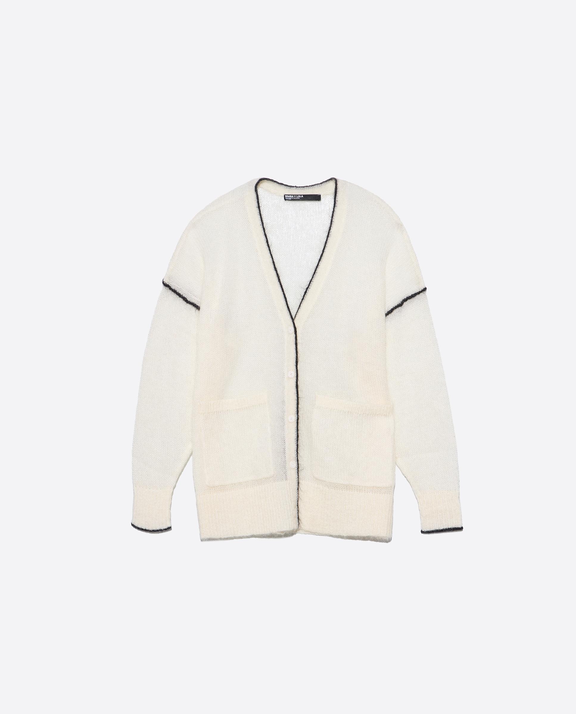Cardigan Comprido Mohair com Contrastes Marfim-5